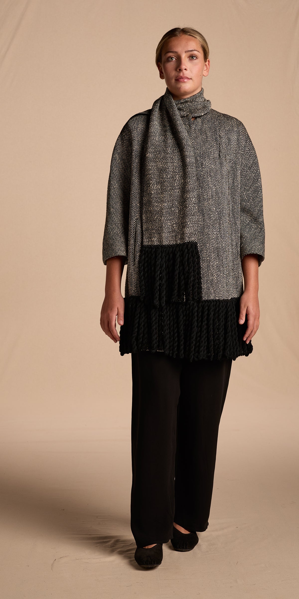 Morton Bregman 1960s Gray Fringed Wool Blend Coat With Matching Scarf