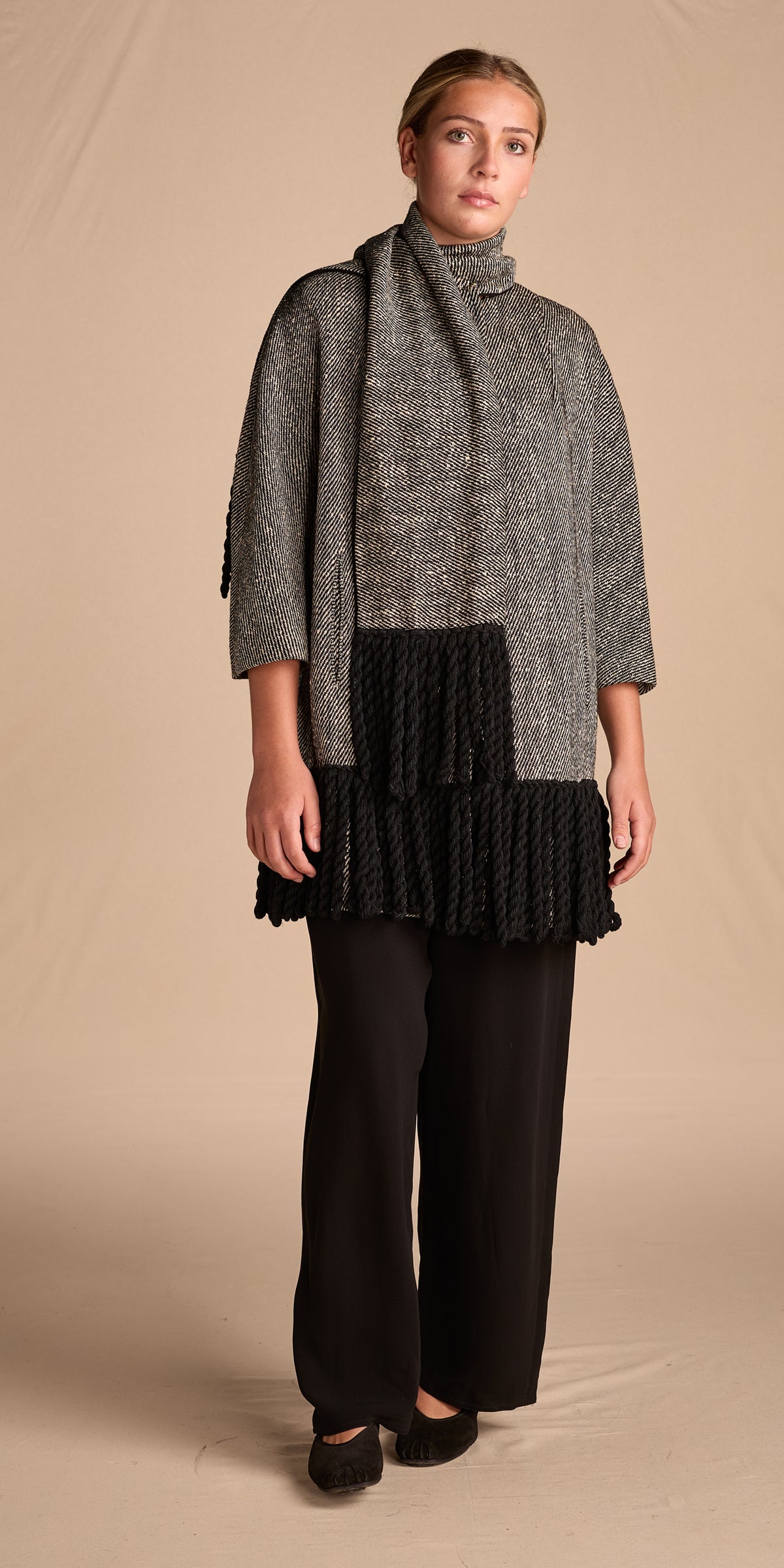Morton Bregman 1960s Gray Fringed Wool Blend Coat With Matching Scarf