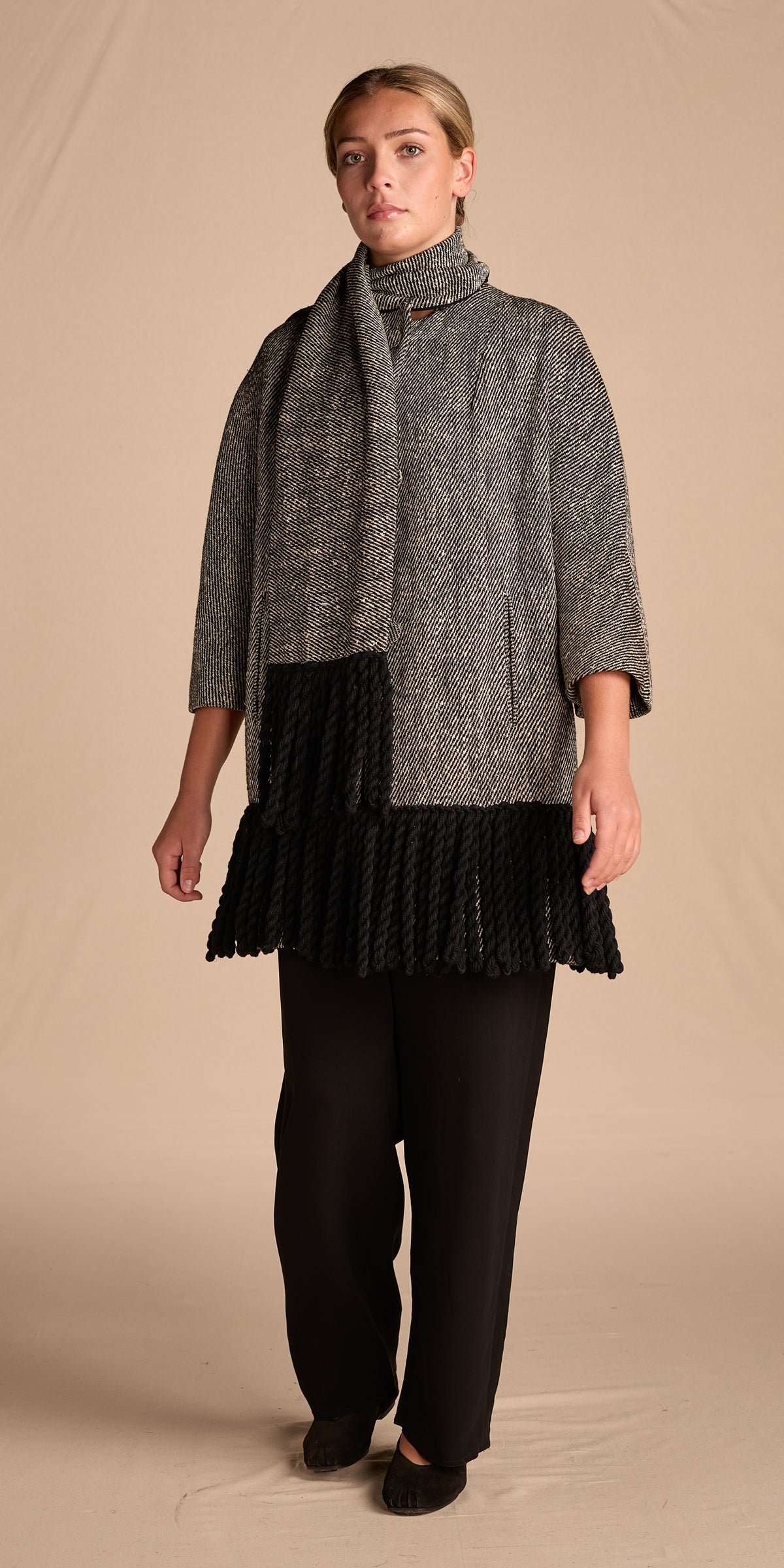 Morton Bregman 1960s Gray Fringed Wool Blend Coat With Matching Scarf