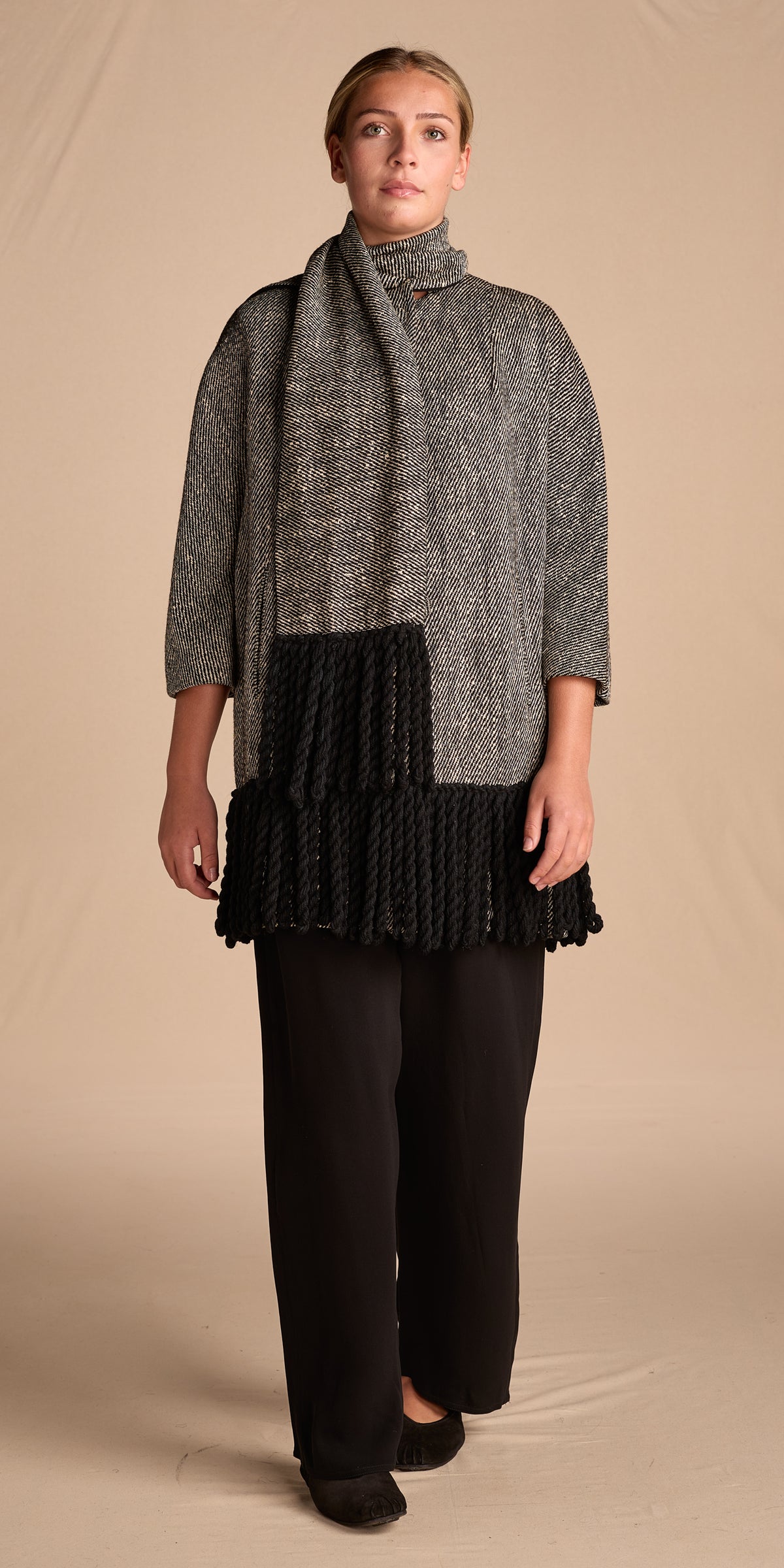 Morton Bregman 1960s Gray Fringed Wool Blend Coat With Matching Scarf