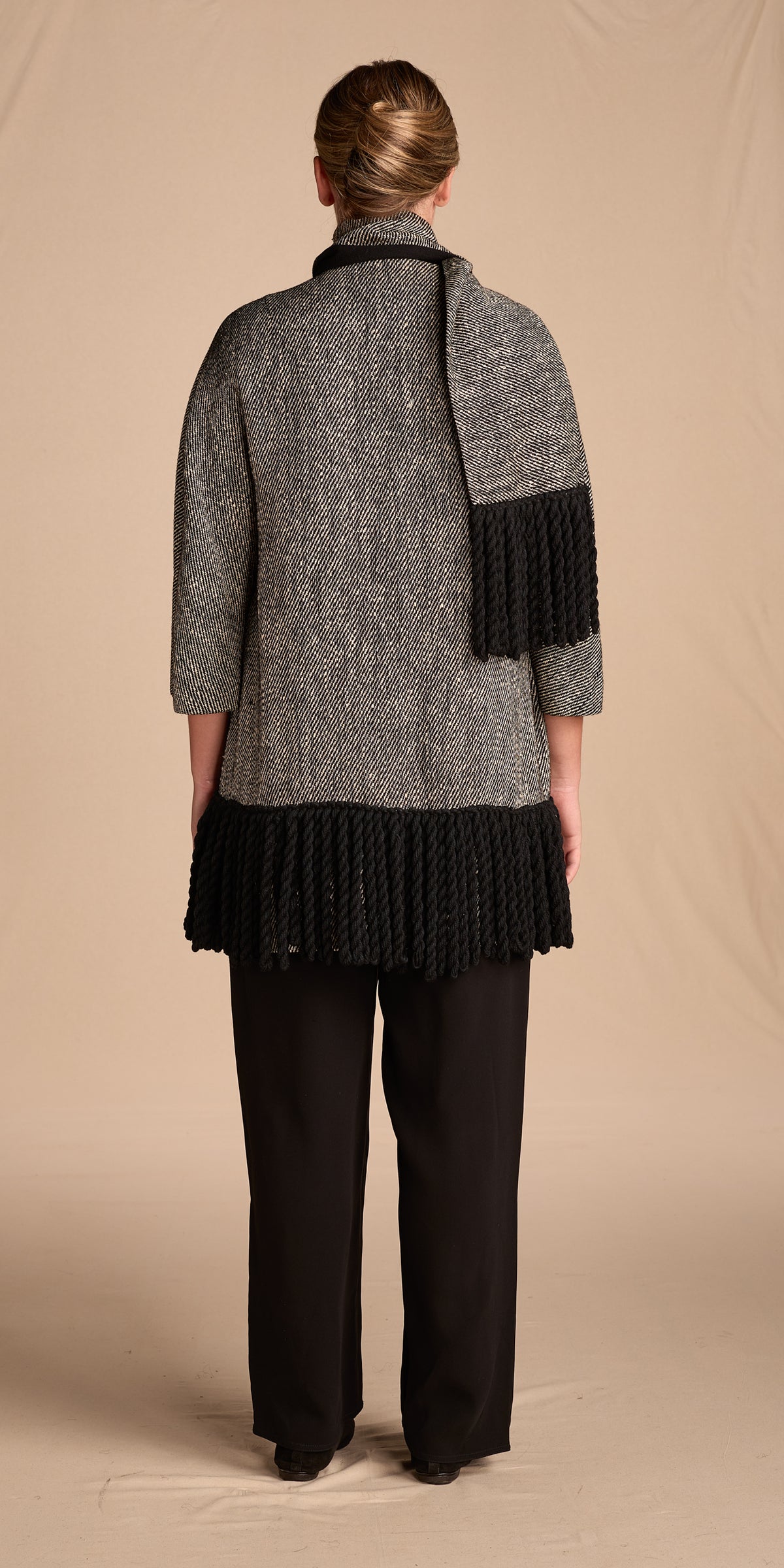 Morton Bregman 1960s Gray Fringed Wool Blend Coat With Matching Scarf