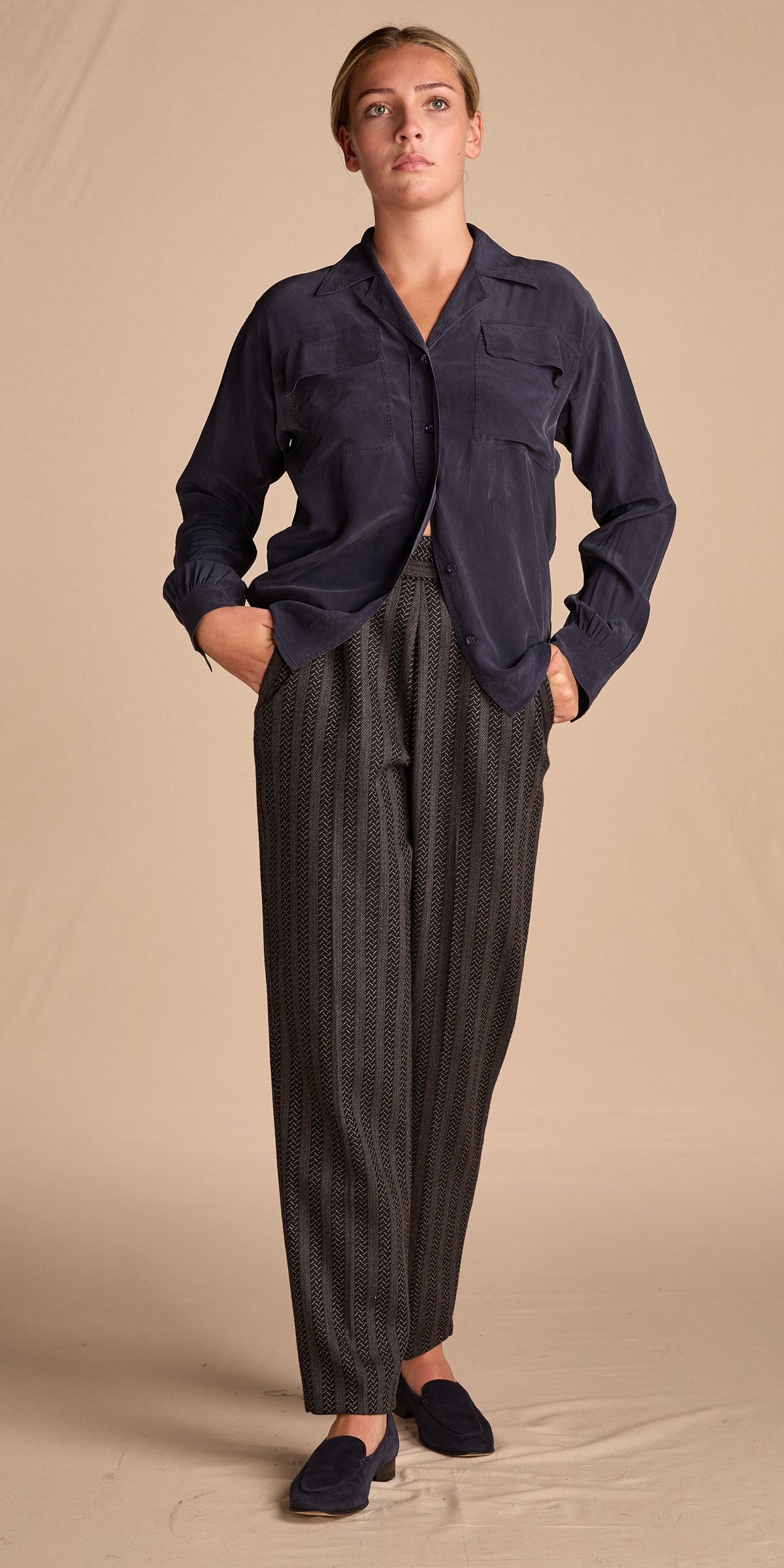 Yves Saint Laurent 1980s Navy Silk Blouse (As Is)