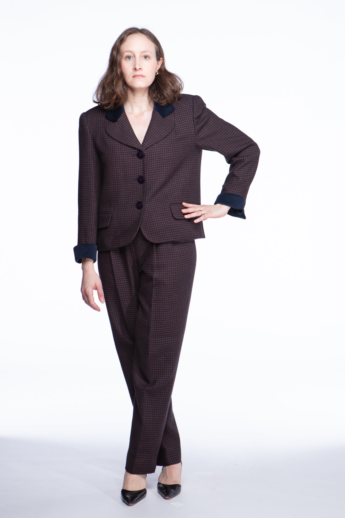 Christian Dior wool houndstooth suit with velvet details
