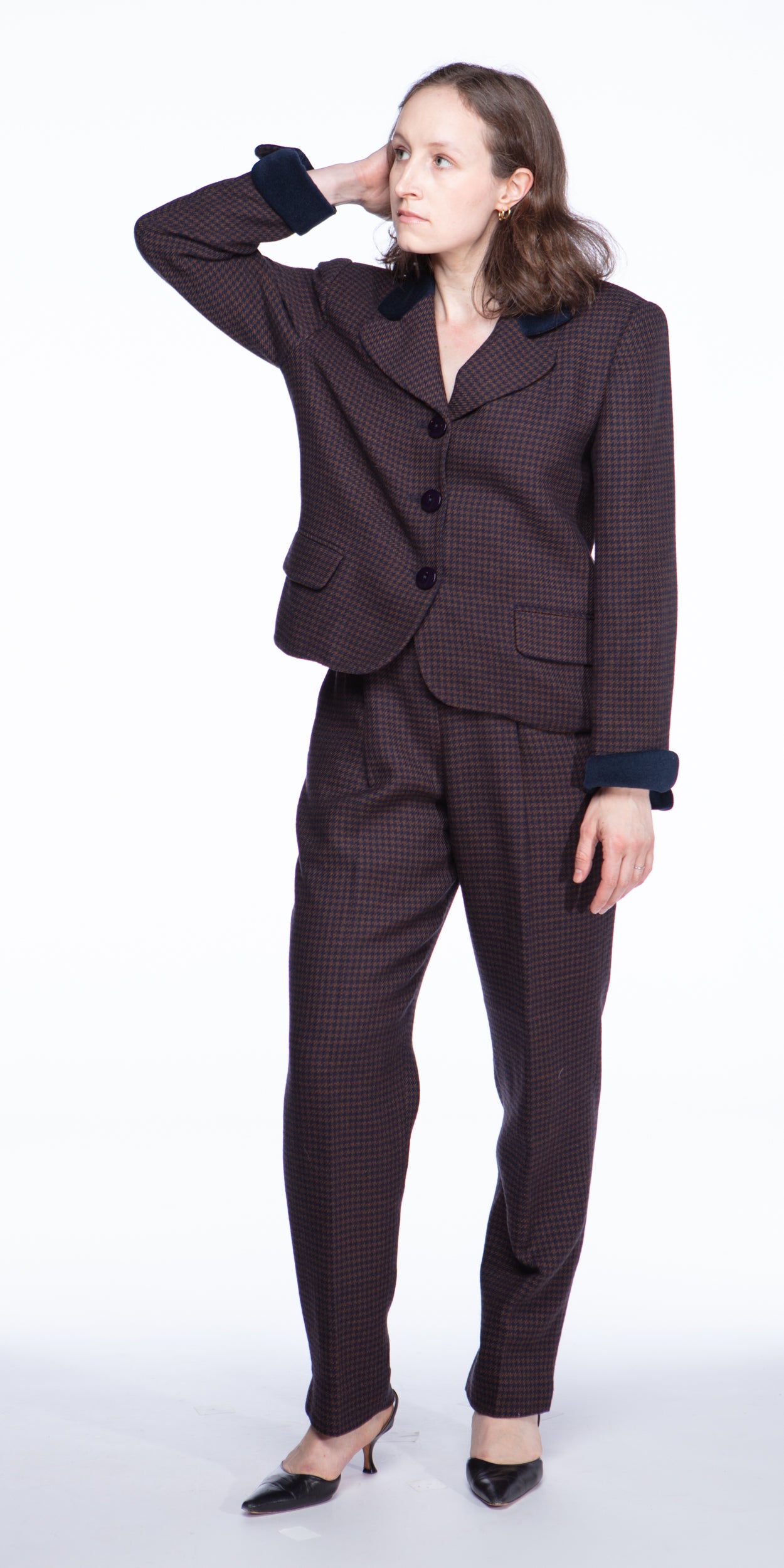 Christian Dior wool houndstooth suit with velvet details