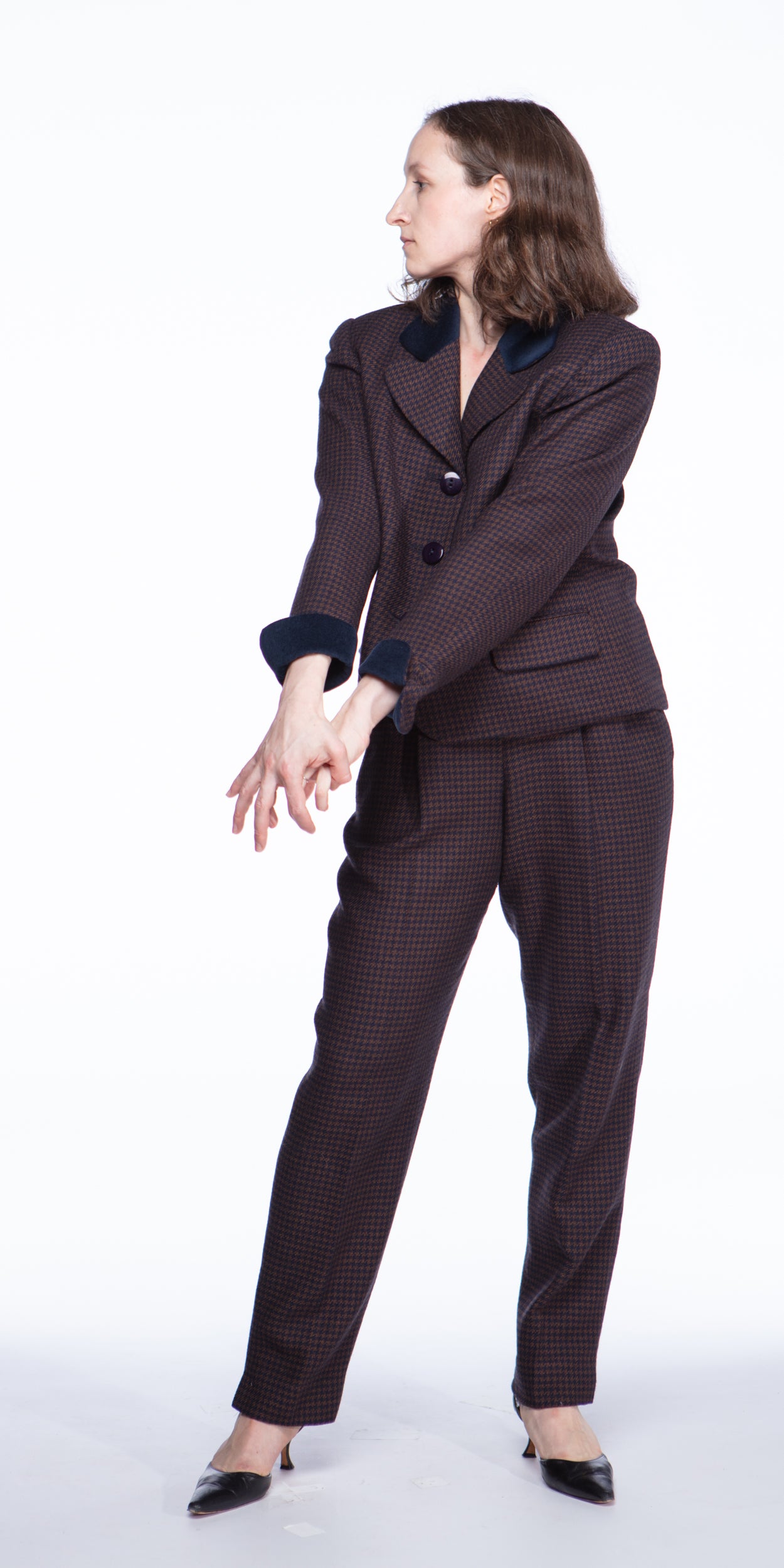 Christian Dior wool houndstooth suit with velvet details