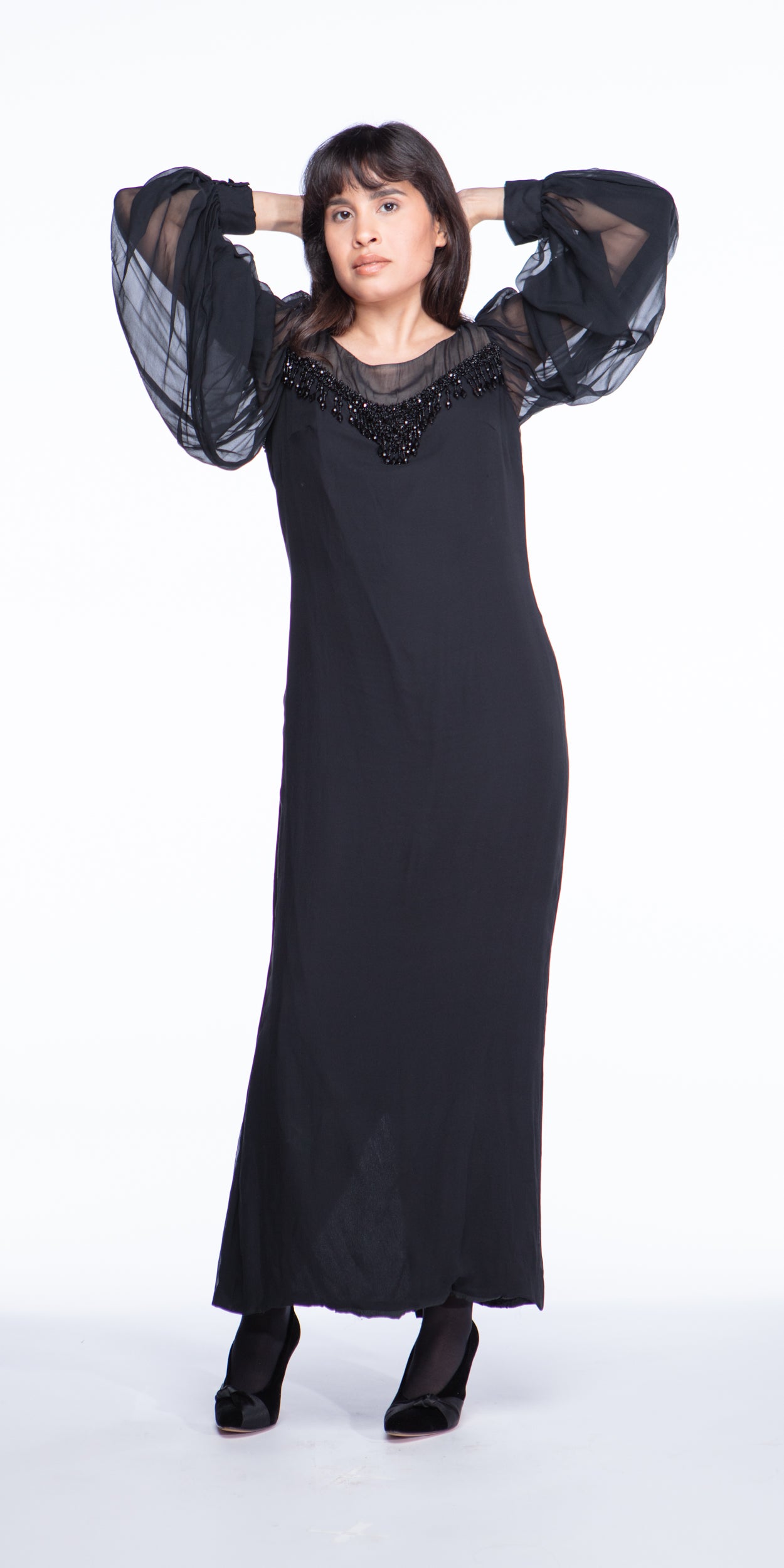 Beaded black chiffon 1960s dress