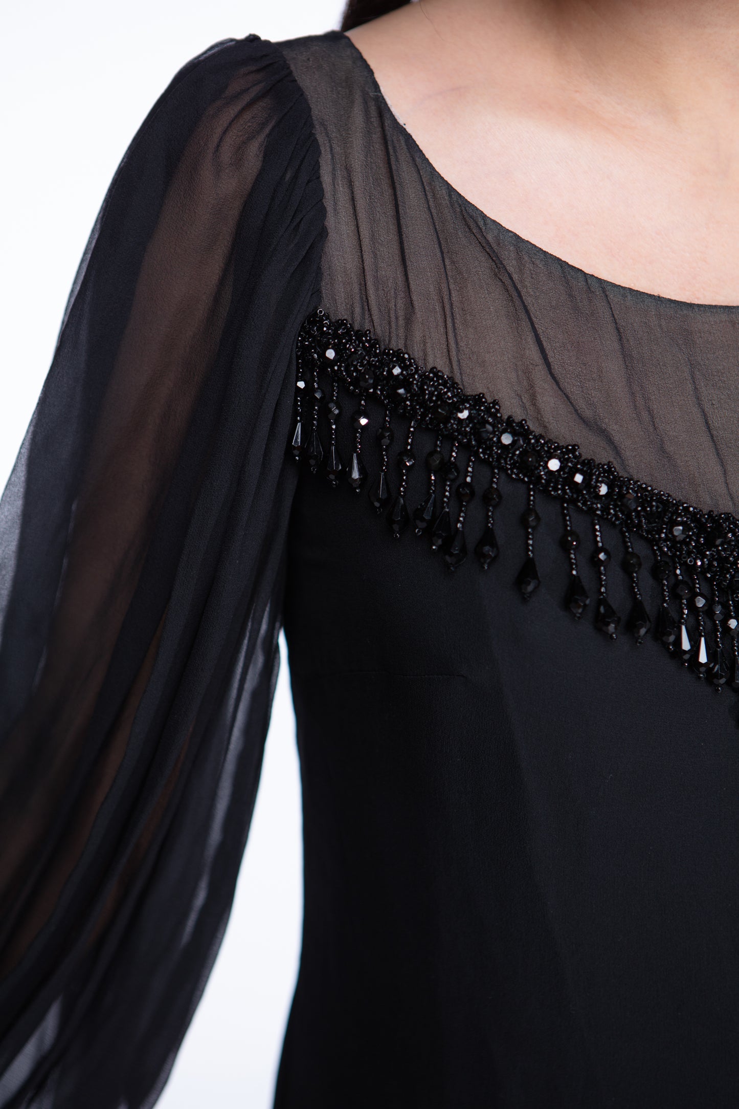 Beaded black chiffon 1960s dress