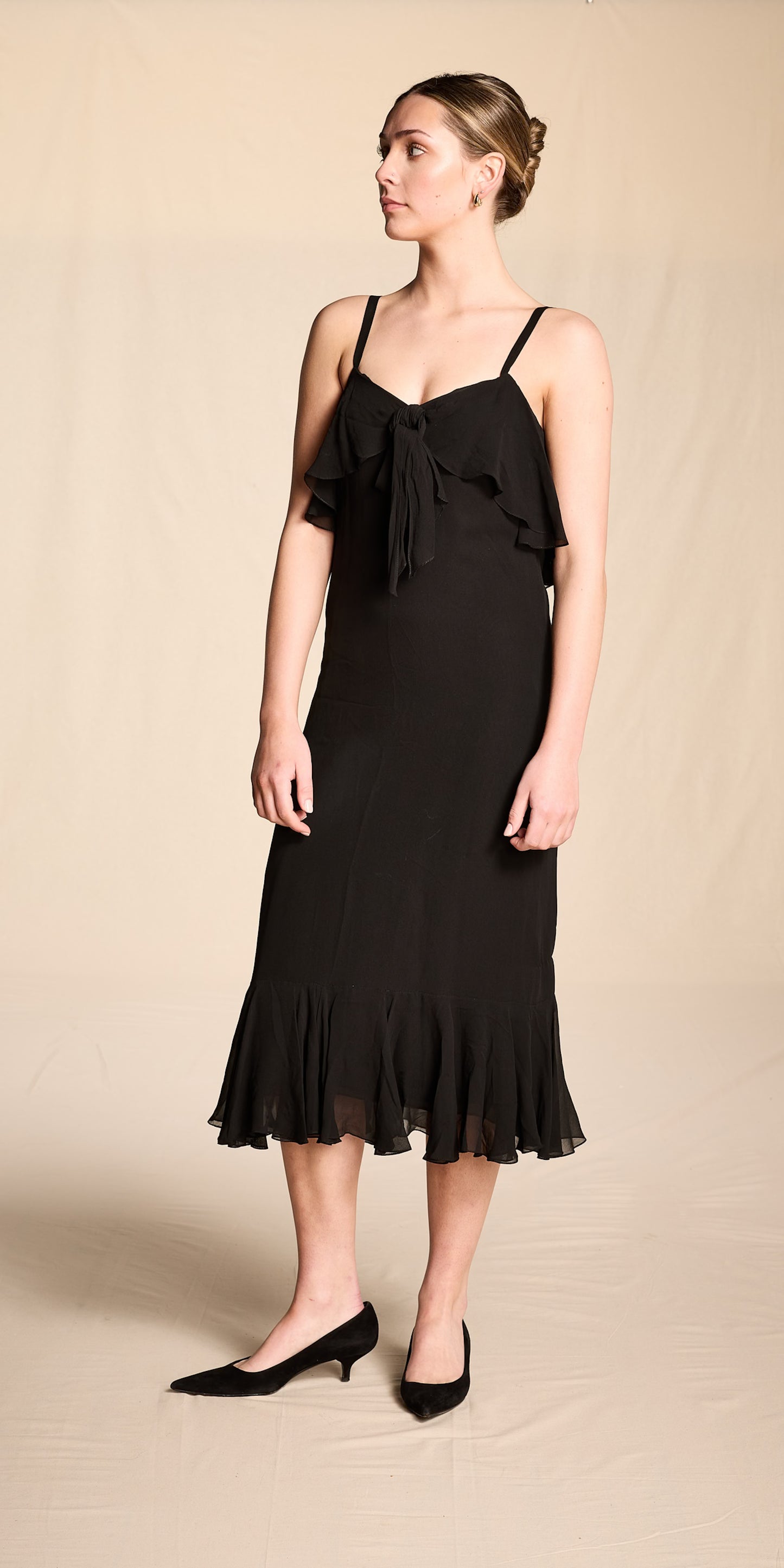 Bill Blass 1970s Black Silk Chiffon Tiered Midi Dress