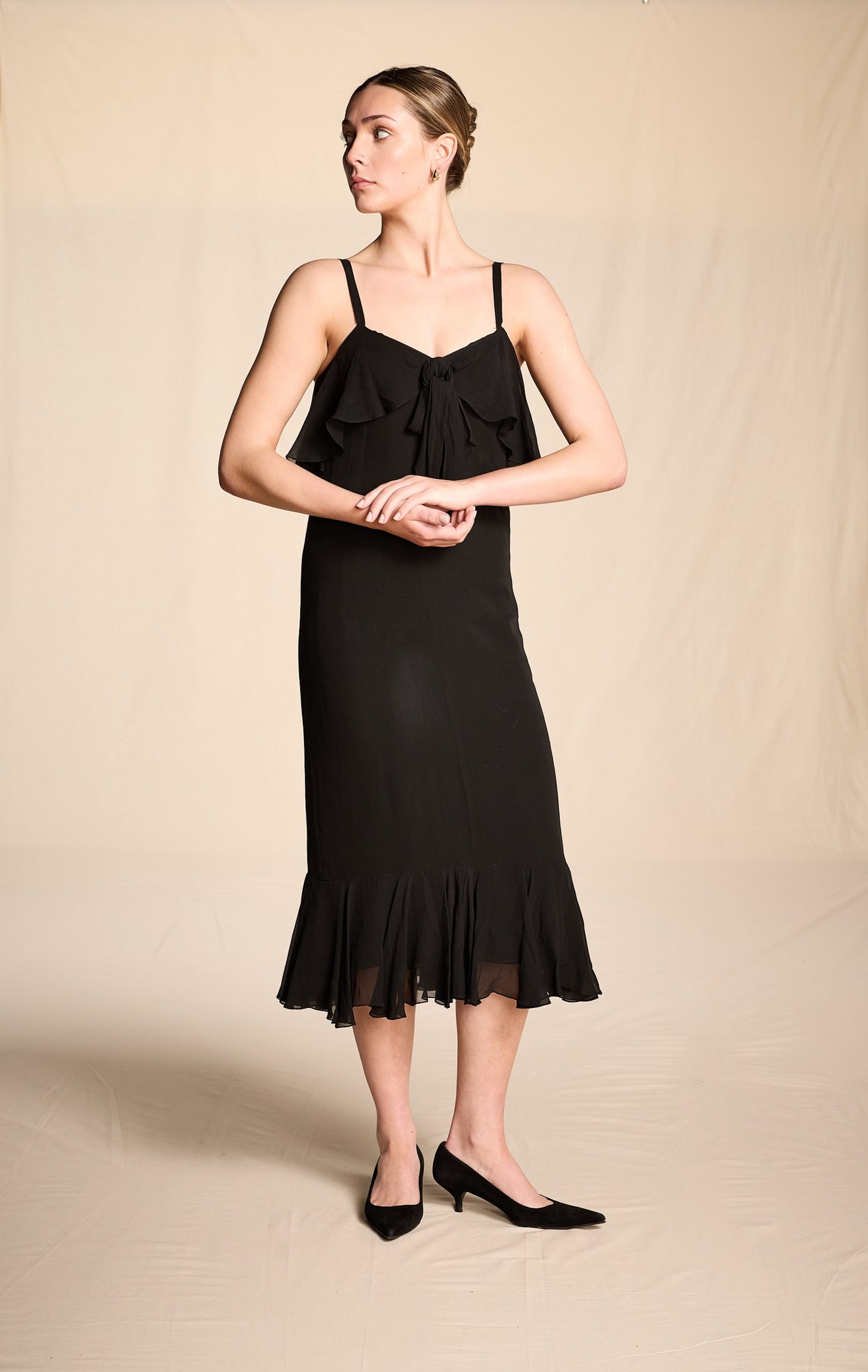 Bill Blass 1970s Black Silk Chiffon Tiered Midi Dress
