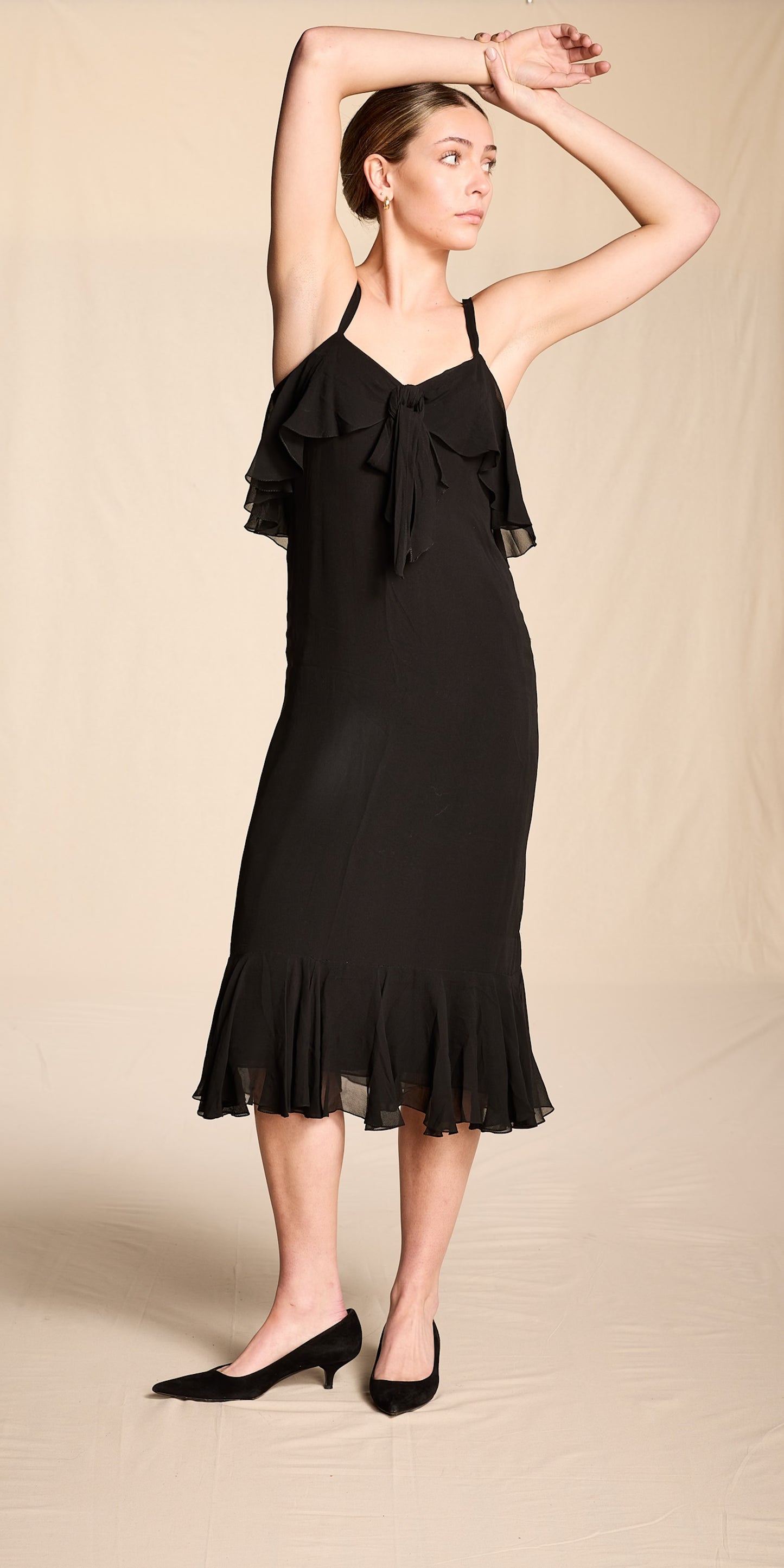 Bill Blass 1970s Black Silk Chiffon Tiered Midi Dress