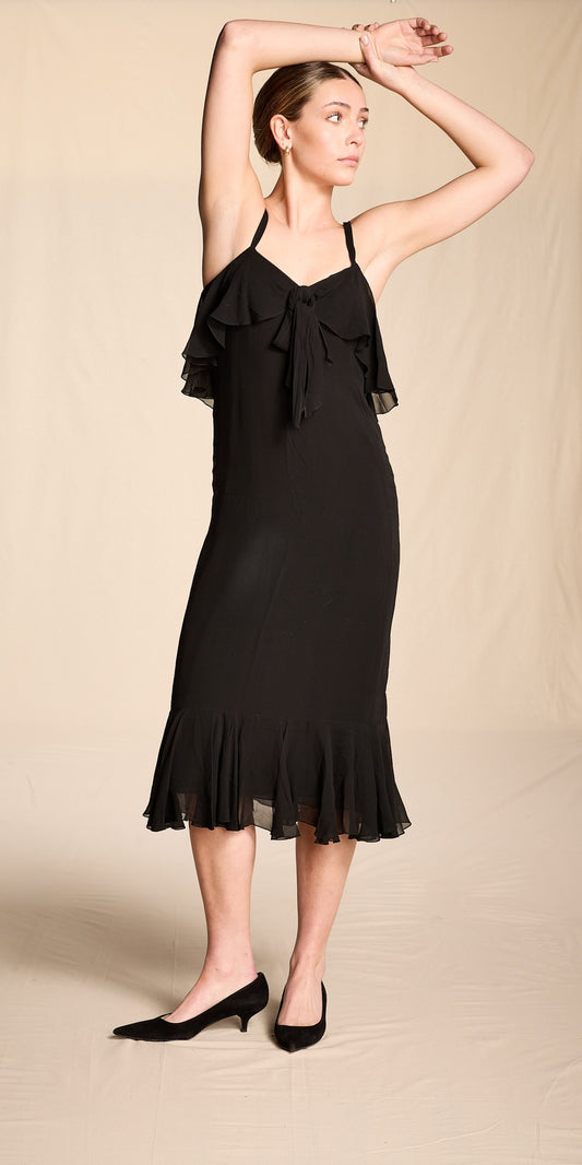 Bill Blass 1970s Black Silk Chiffon Tiered Midi Dress
