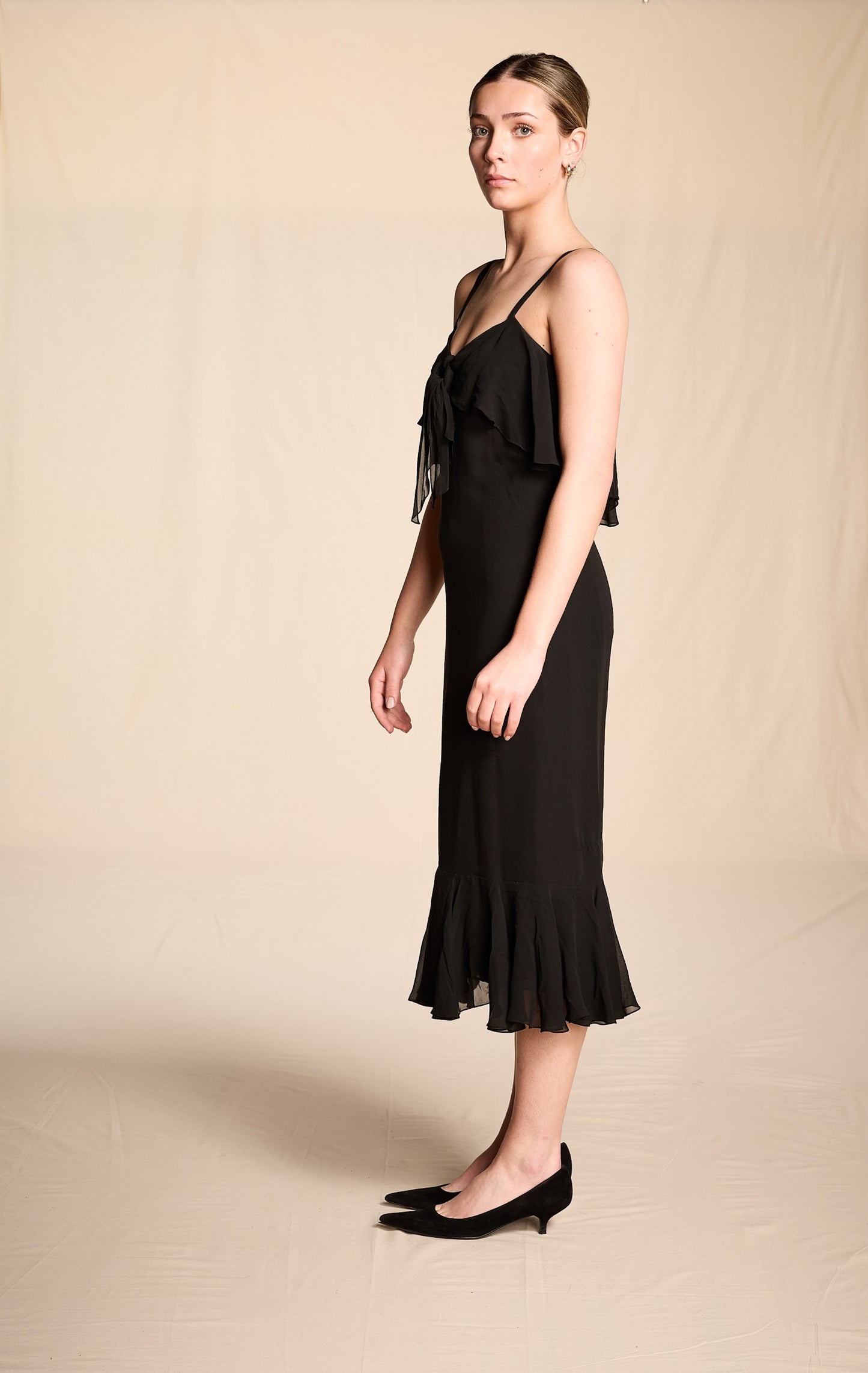 Bill Blass 1970s Black Silk Chiffon Tiered Midi Dress