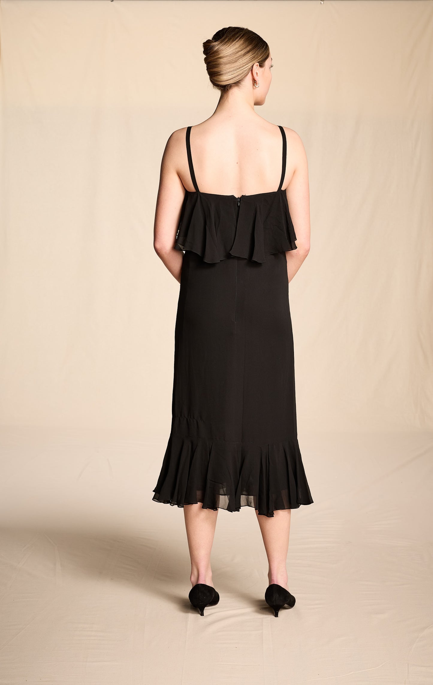 Bill Blass 1970s Black Silk Chiffon Tiered Midi Dress