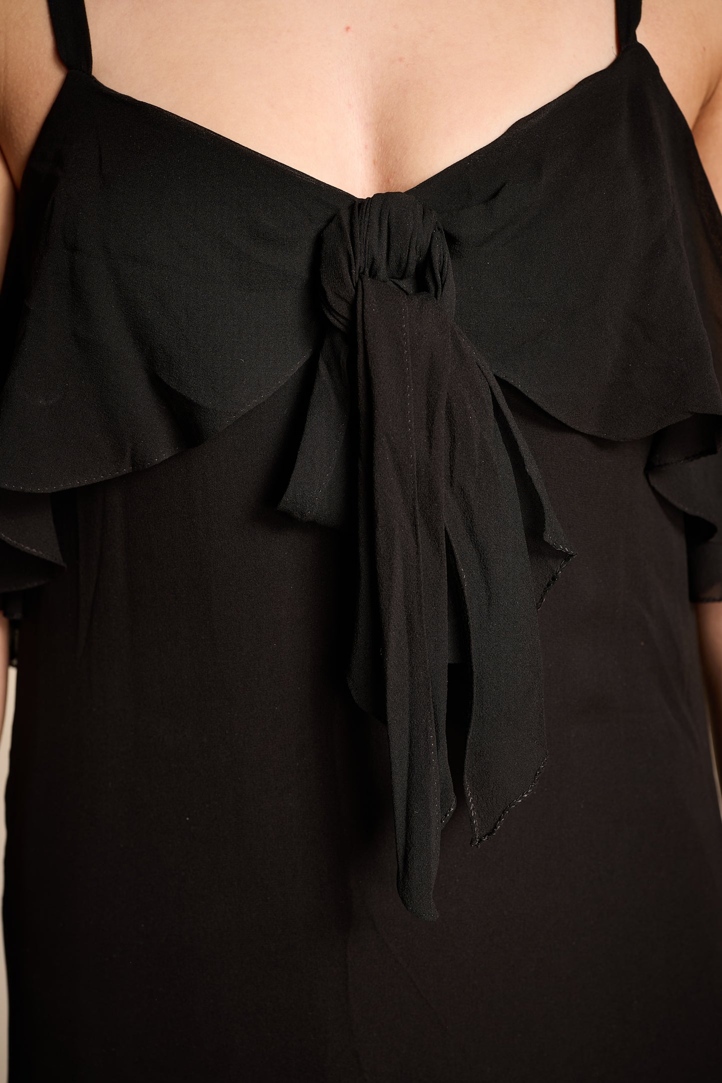 Bill Blass 1970s Black Silk Chiffon Tiered Midi Dress