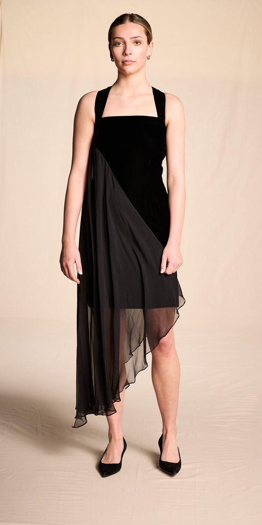 Bill Blass 1990s Black Velvet Cocktail Dress with Silk Chiffon Trim