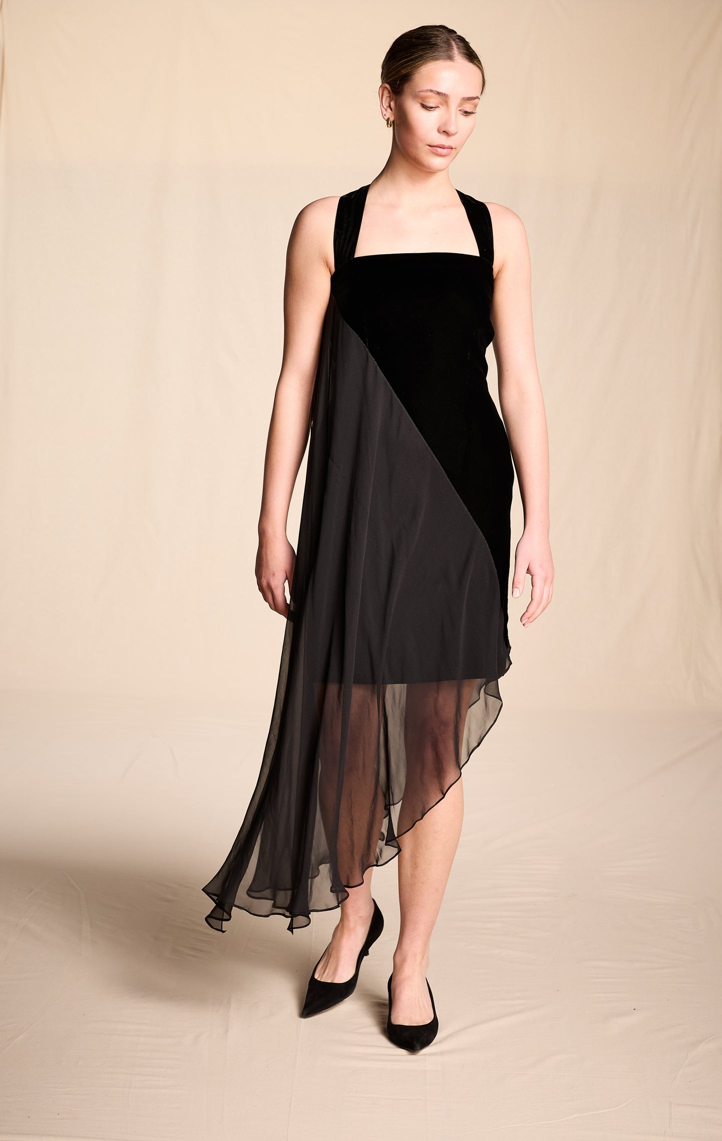 Bill Blass 1990s Black Velvet Cocktail Dress with Silk Chiffon Trim
