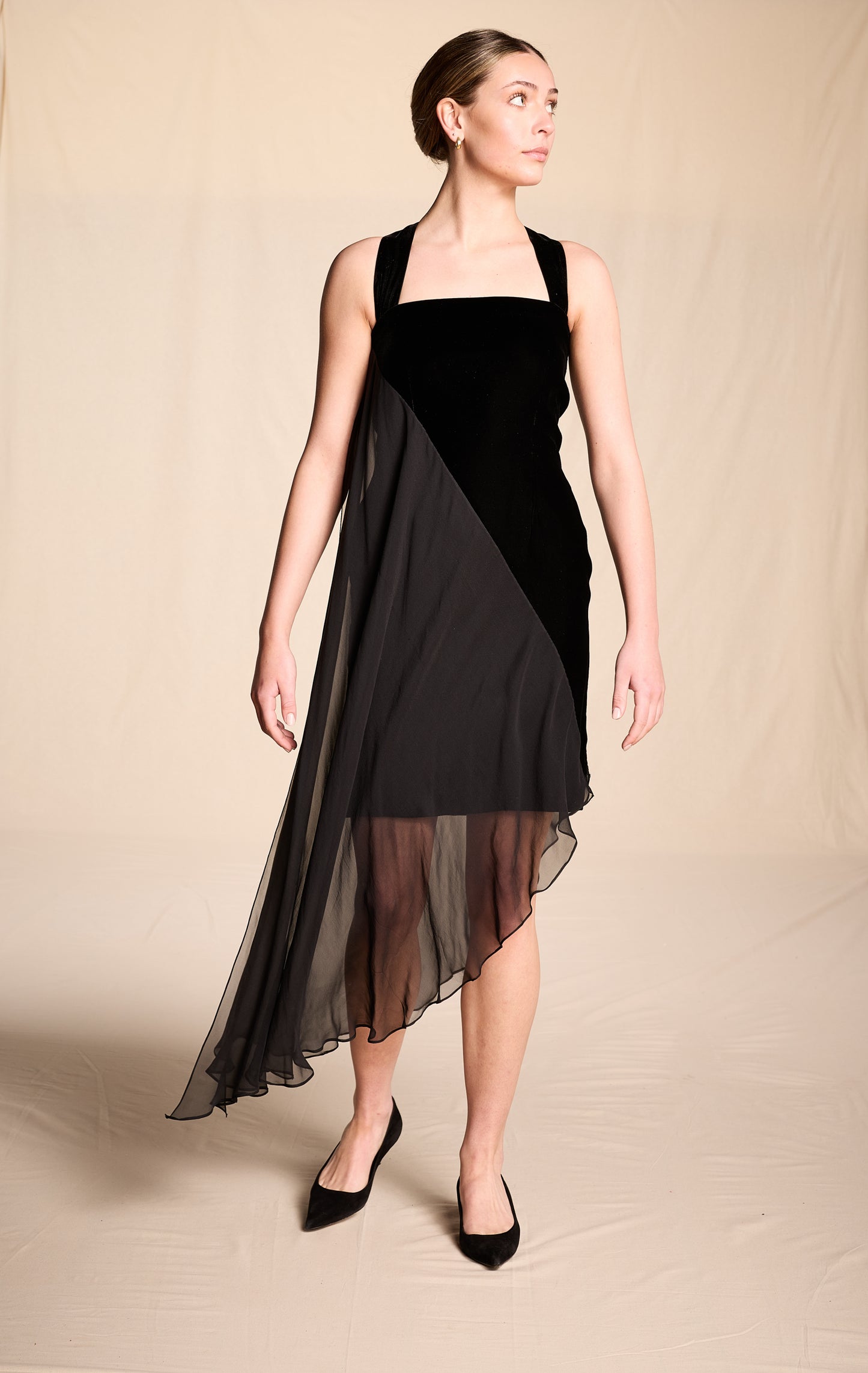 Bill Blass 1990s Black Velvet Cocktail Dress with Silk Chiffon Trim