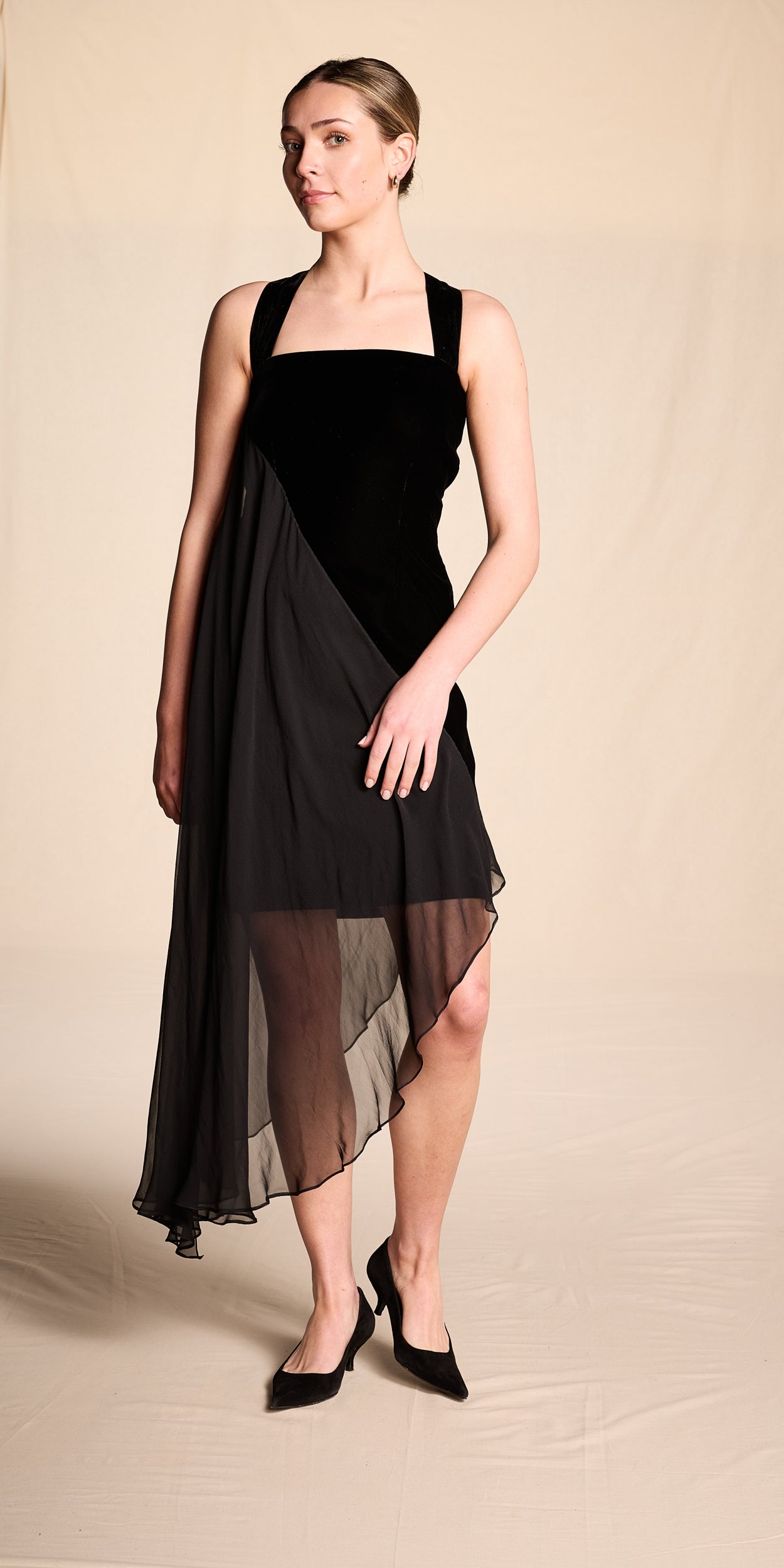 Bill Blass 1990s Black Velvet Cocktail Dress with Silk Chiffon Trim