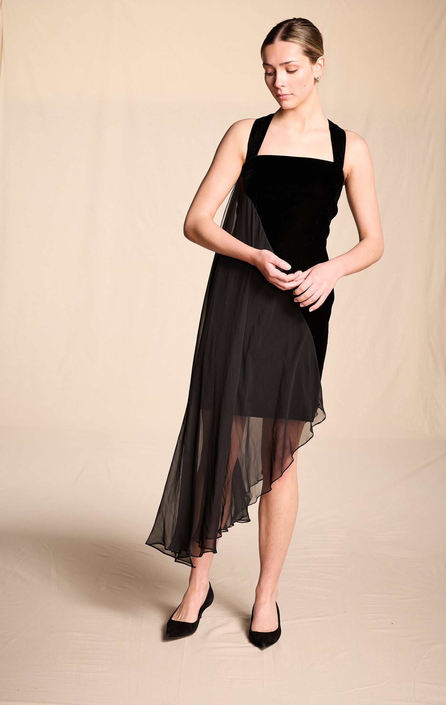 Bill Blass 1990s Black Velvet Cocktail Dress with Silk Chiffon Trim