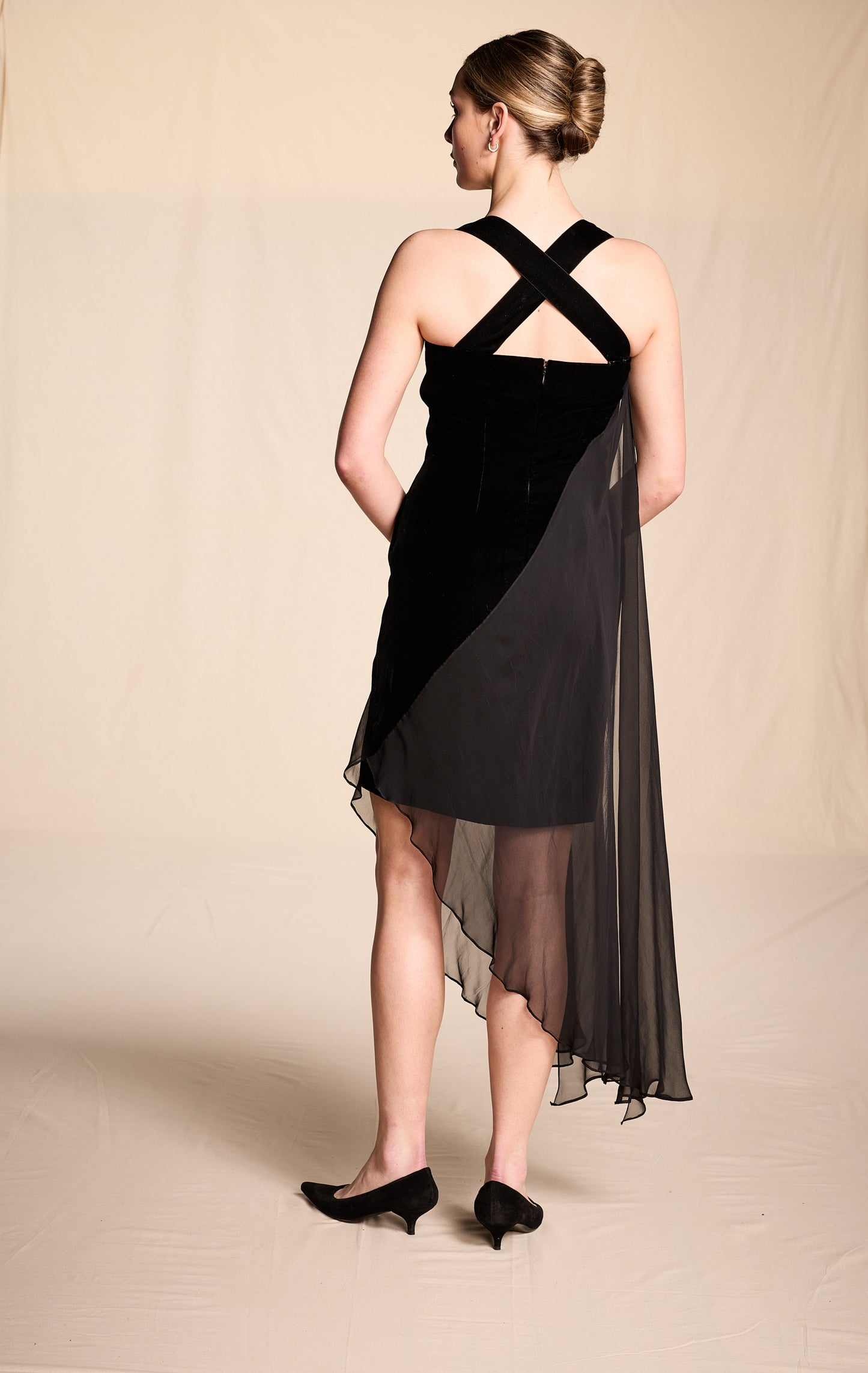 Bill Blass 1990s Black Velvet Cocktail Dress with Silk Chiffon Trim