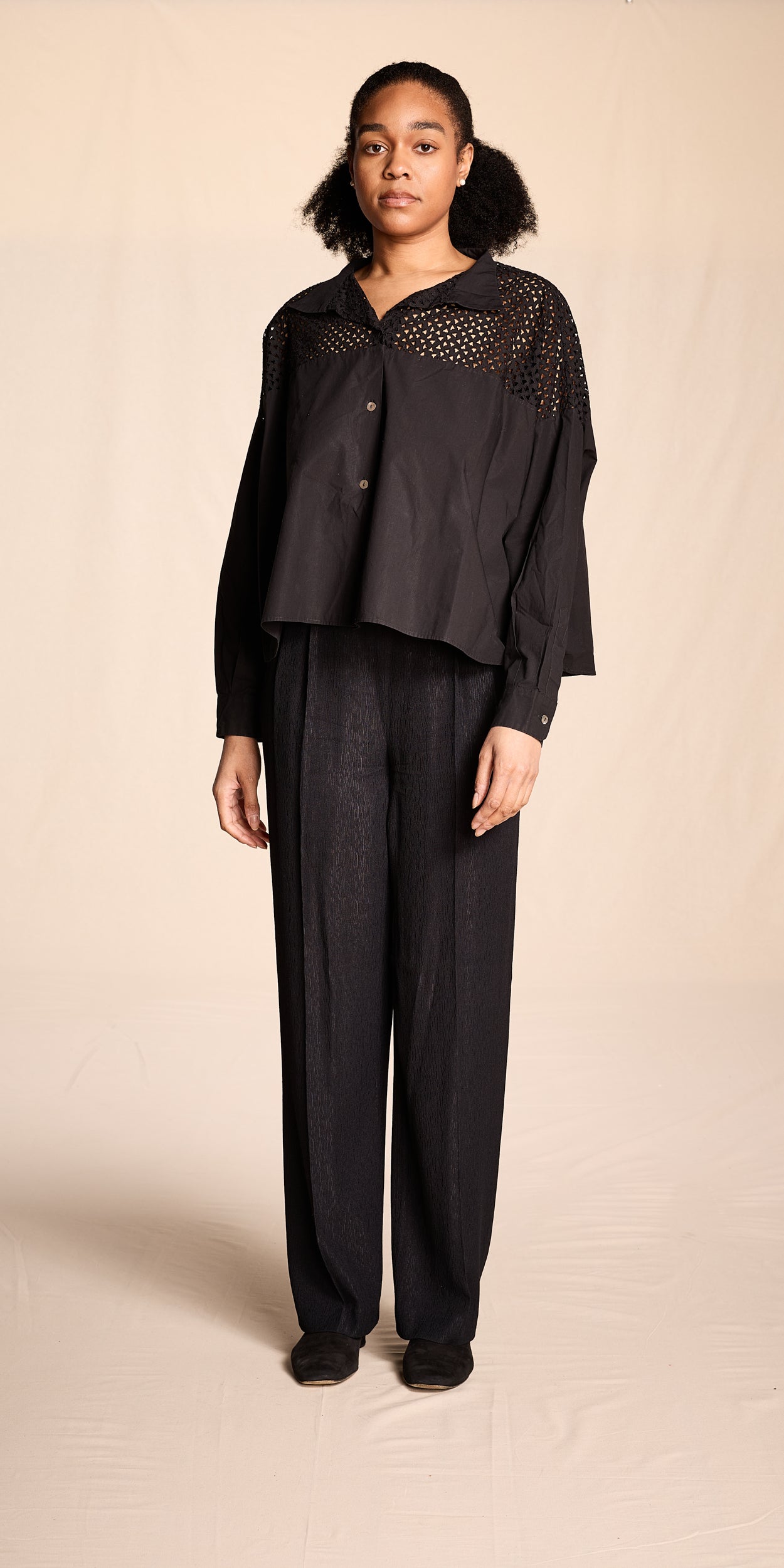 Romeo Gigli 1990s Black Cotton Eyelet Tunic Top