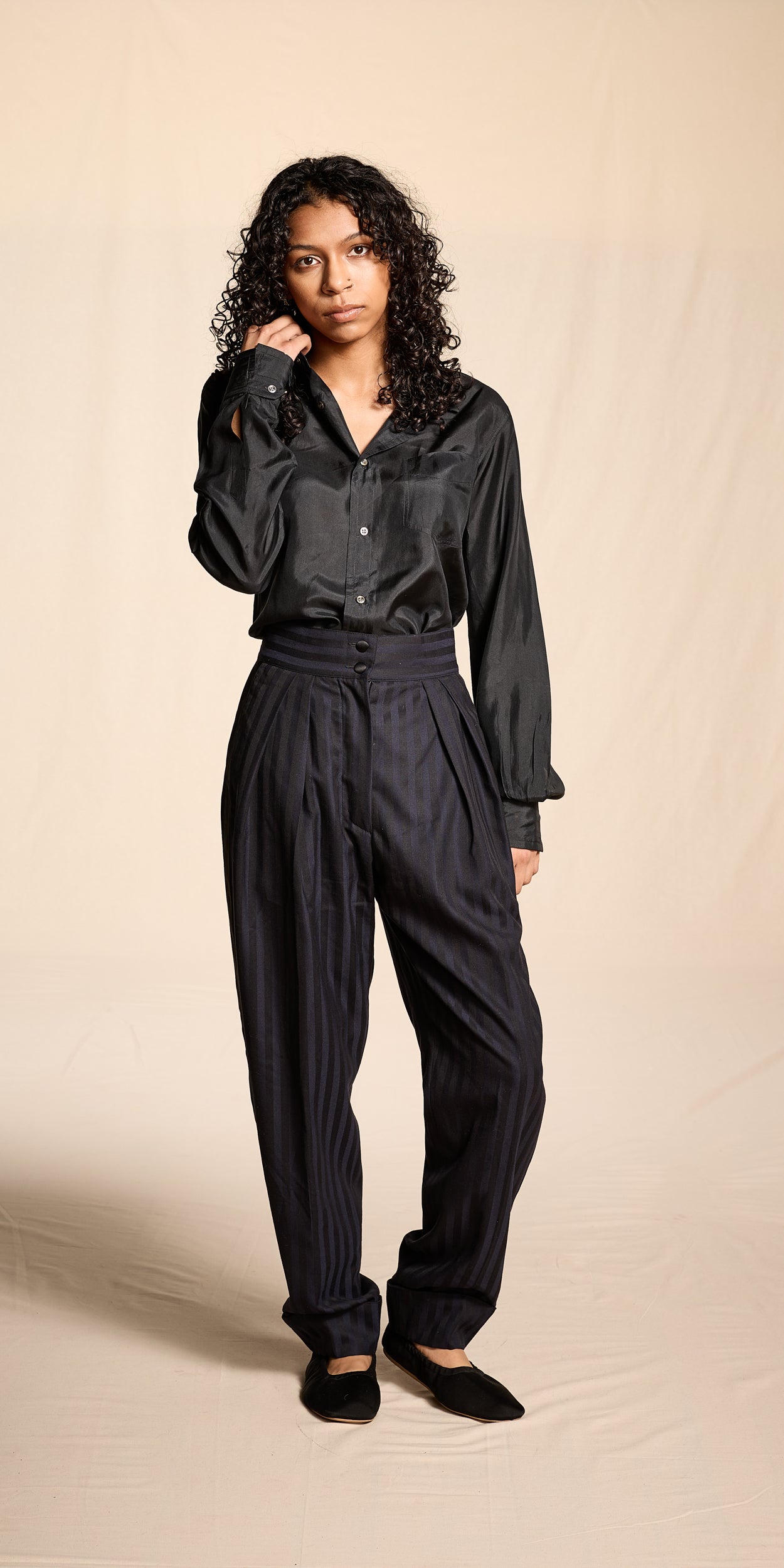 Claude Montana Fall/Winter 1985 Black and Navy Wool Striped Tuxedo Pants