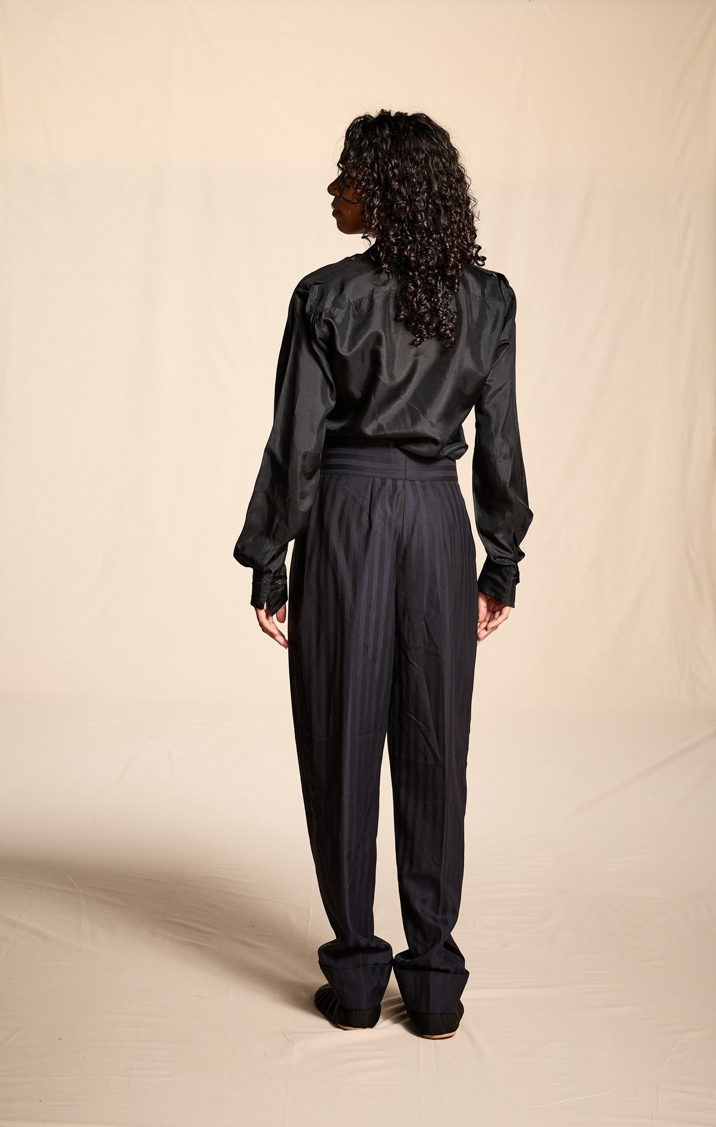 Claude Montana Fall/Winter 1985 Black and Navy Wool Striped Tuxedo Pants