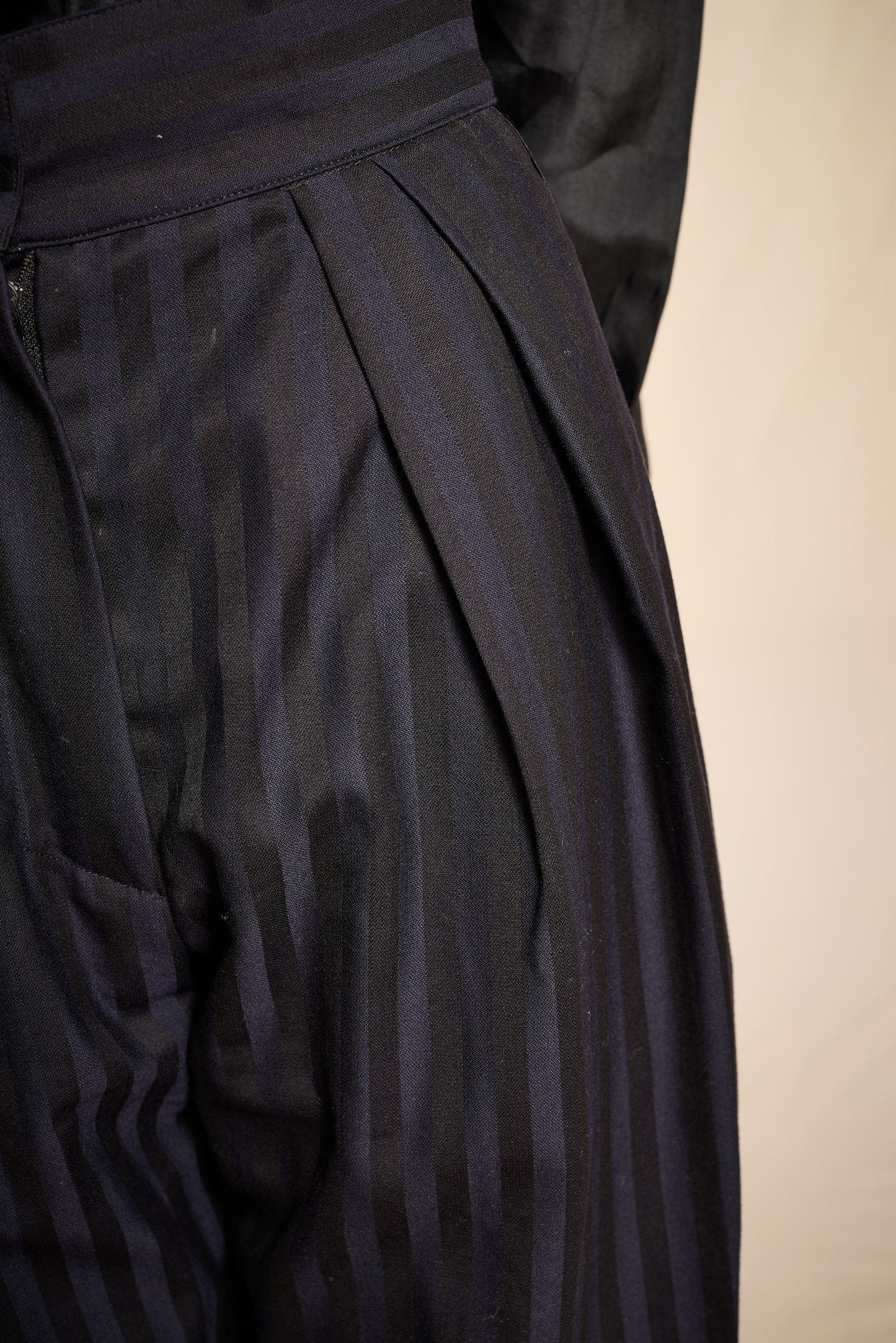 Claude Montana Fall/Winter 1985 Black and Navy Wool Striped Tuxedo Pants