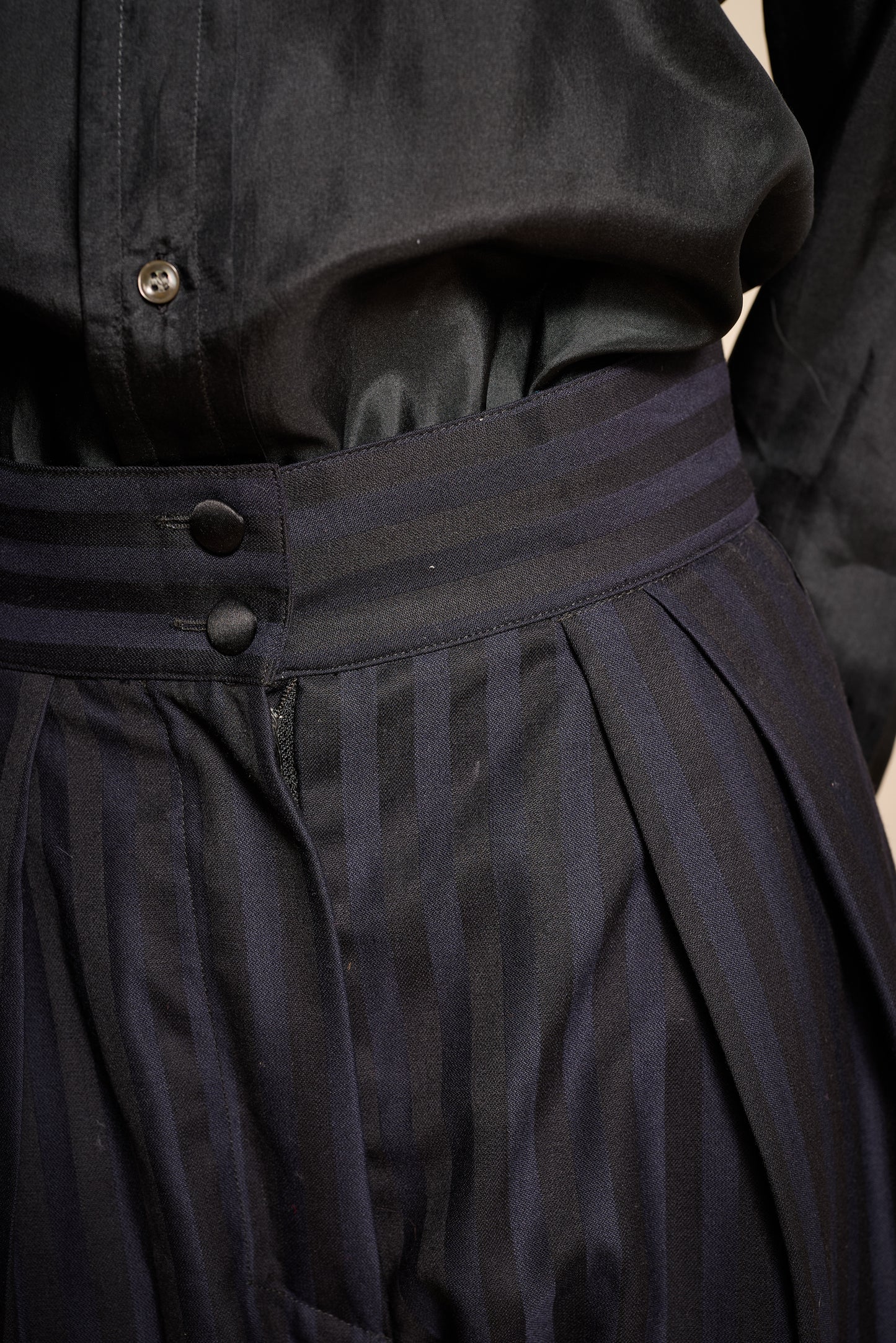 Claude Montana Fall/Winter 1985 Black and Navy Wool Striped Tuxedo Pants