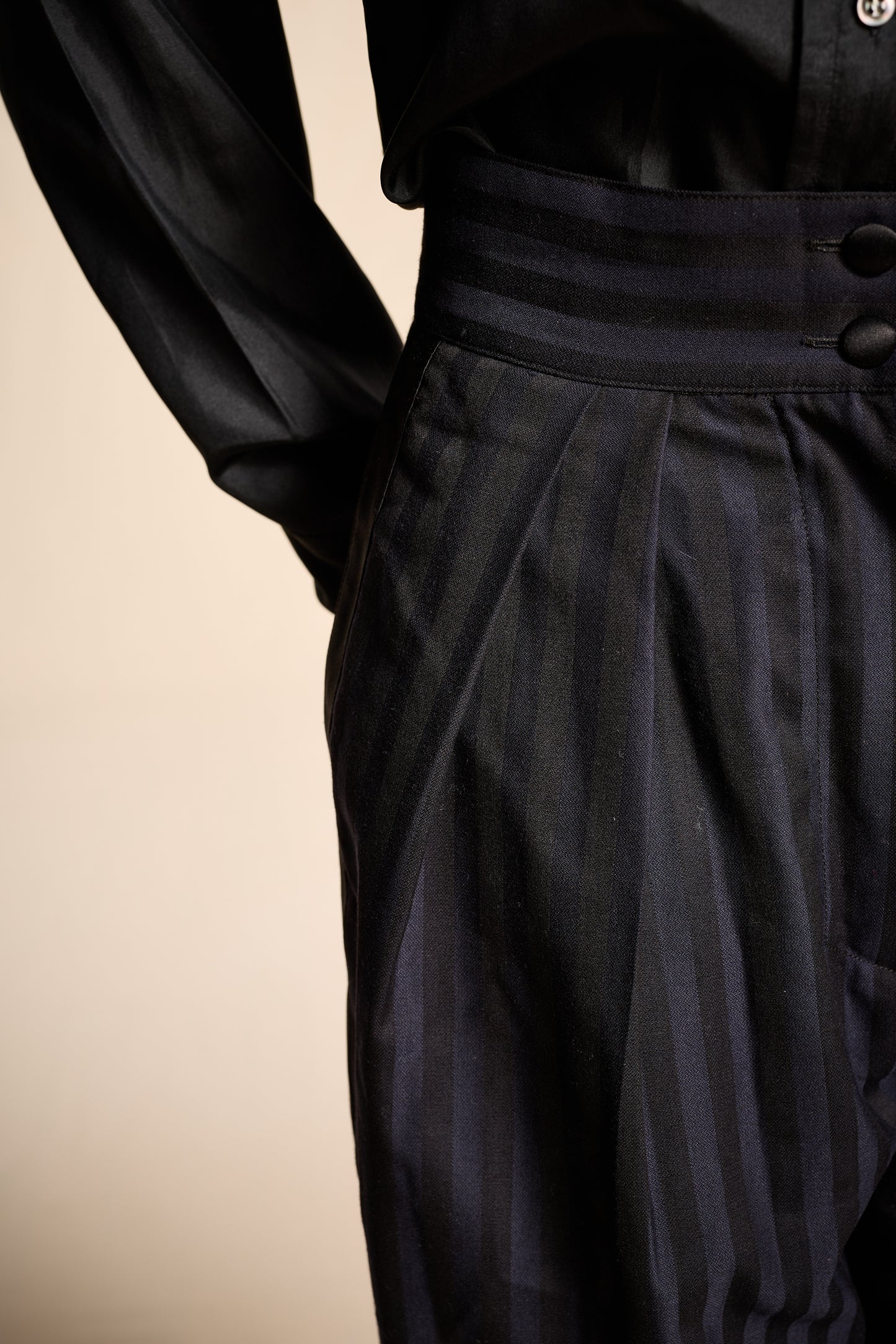 Claude Montana Fall/Winter 1985 Black and Navy Wool Striped Tuxedo Pants
