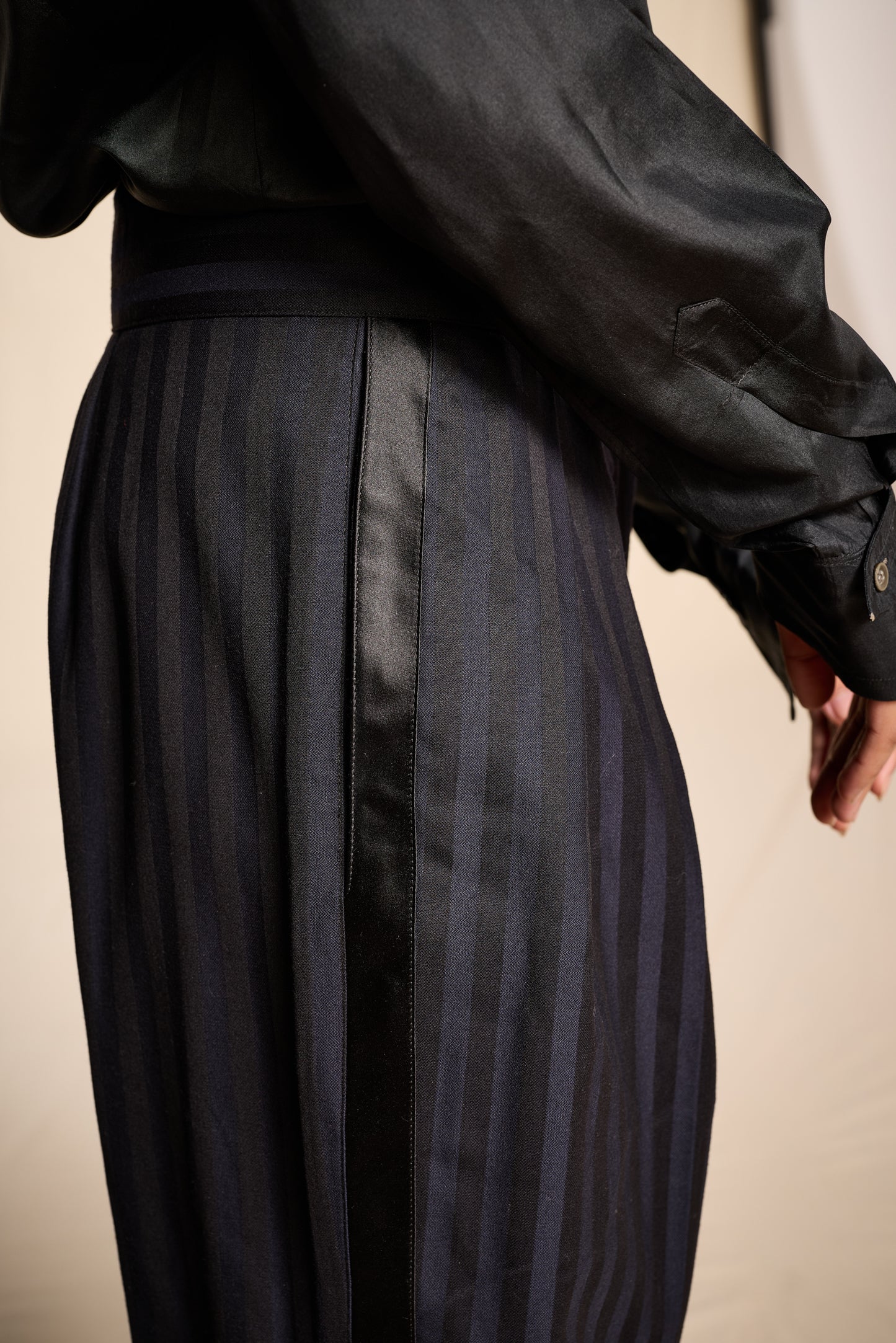 Claude Montana Fall/Winter 1985 Black and Navy Wool Striped Tuxedo Pants