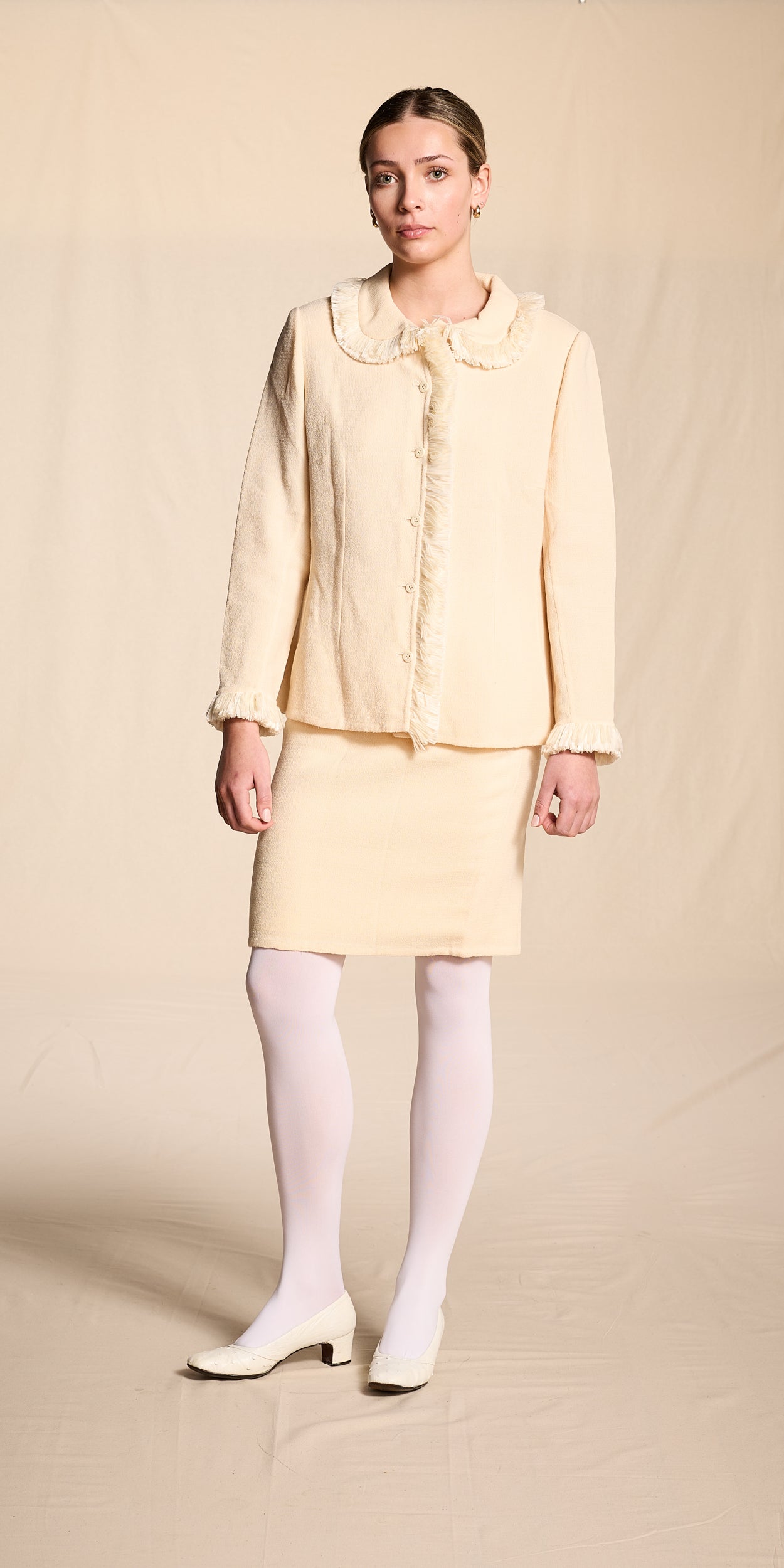Bill Blass Spring/Summer 2000 Cream Raffia and Yarn Trimmed Skirt Suit