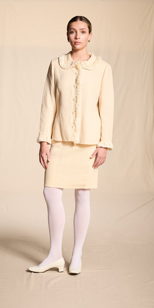 Bill Blass Spring/Summer 2000 Cream Raffia and Yarn Trimmed Skirt Suit