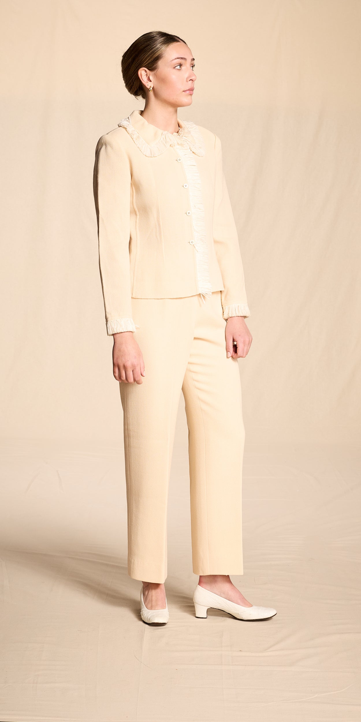Bill Blass Spring/Summer 2000 Cream Crepe Raffia Trimmed Pantsuit