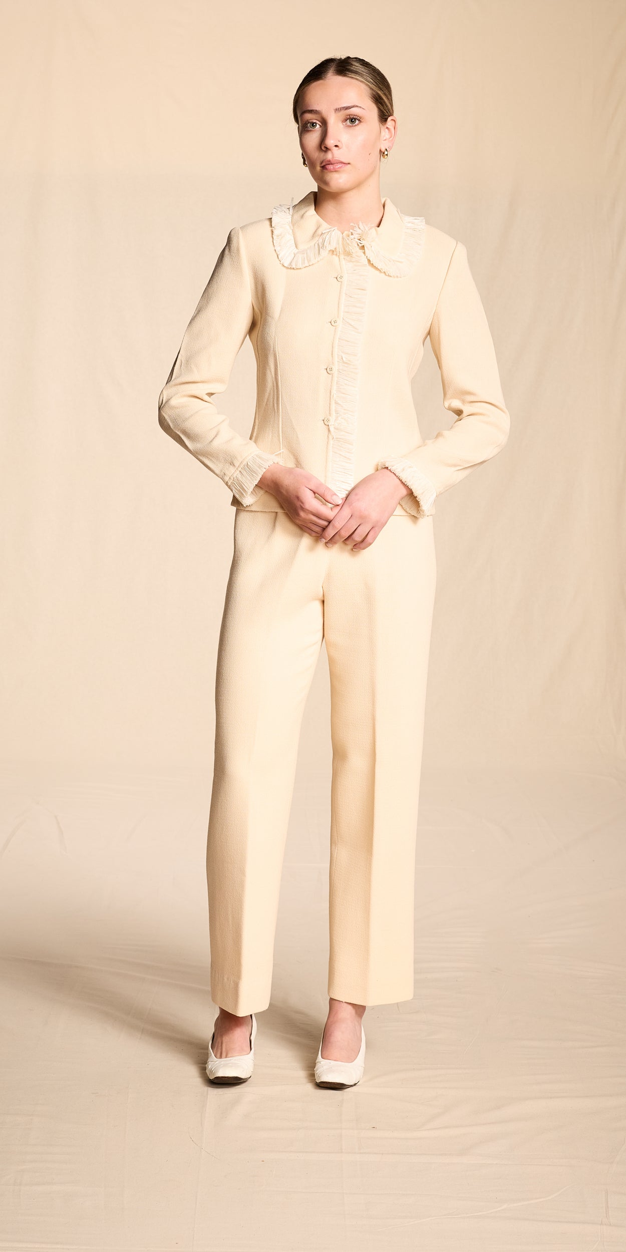 Bill Blass Spring/Summer 2000 Cream Crepe Raffia Trimmed Pantsuit