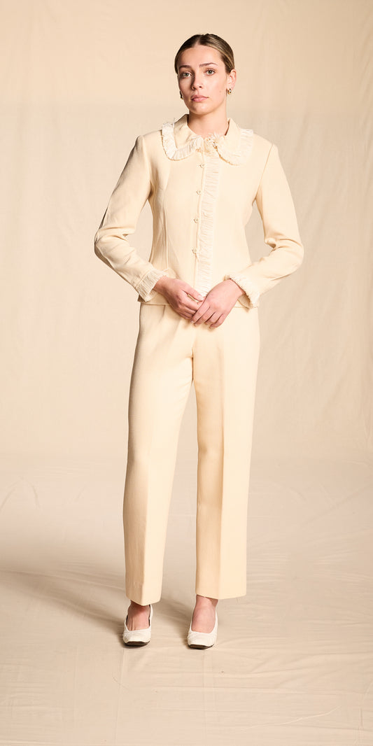 Bill Blass Spring/Summer 2000 Cream Crepe Raffia Trimmed Pantsuit