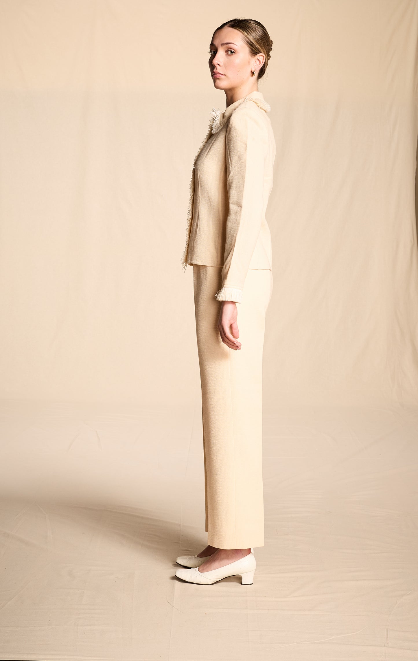 Bill Blass Spring/Summer 2000 Cream Crepe Raffia Trimmed Pantsuit