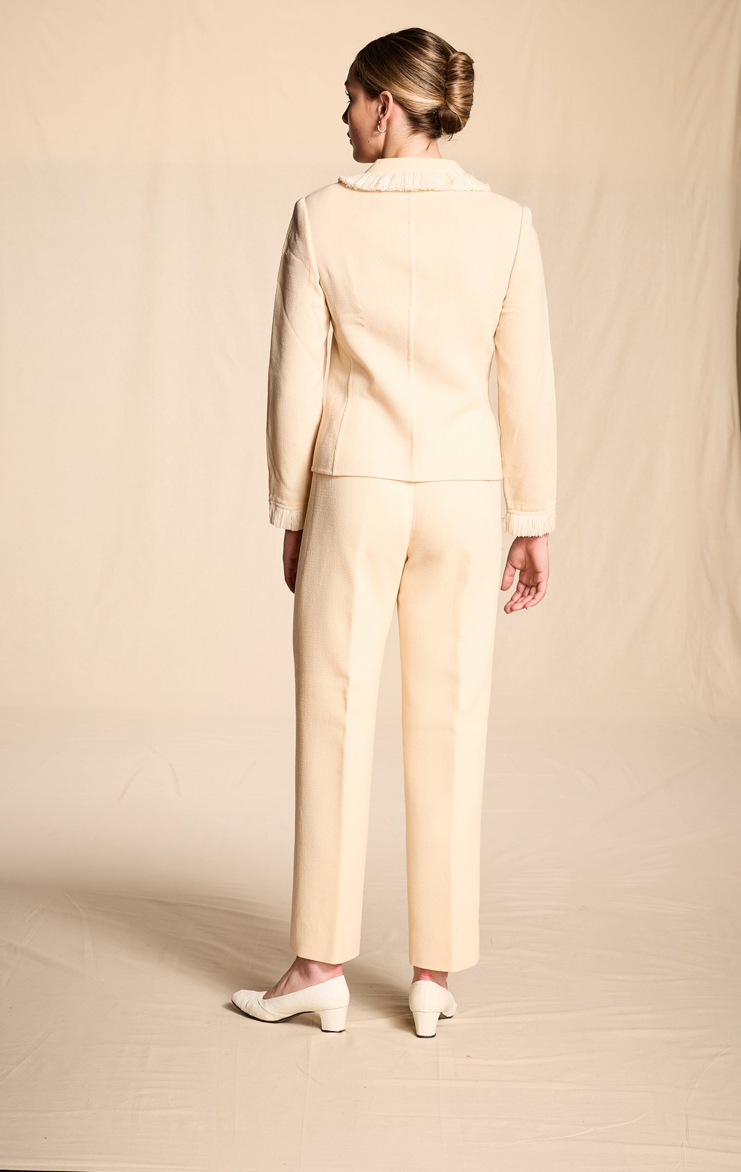 Bill Blass Spring/Summer 2000 Cream Crepe Raffia Trimmed Pantsuit