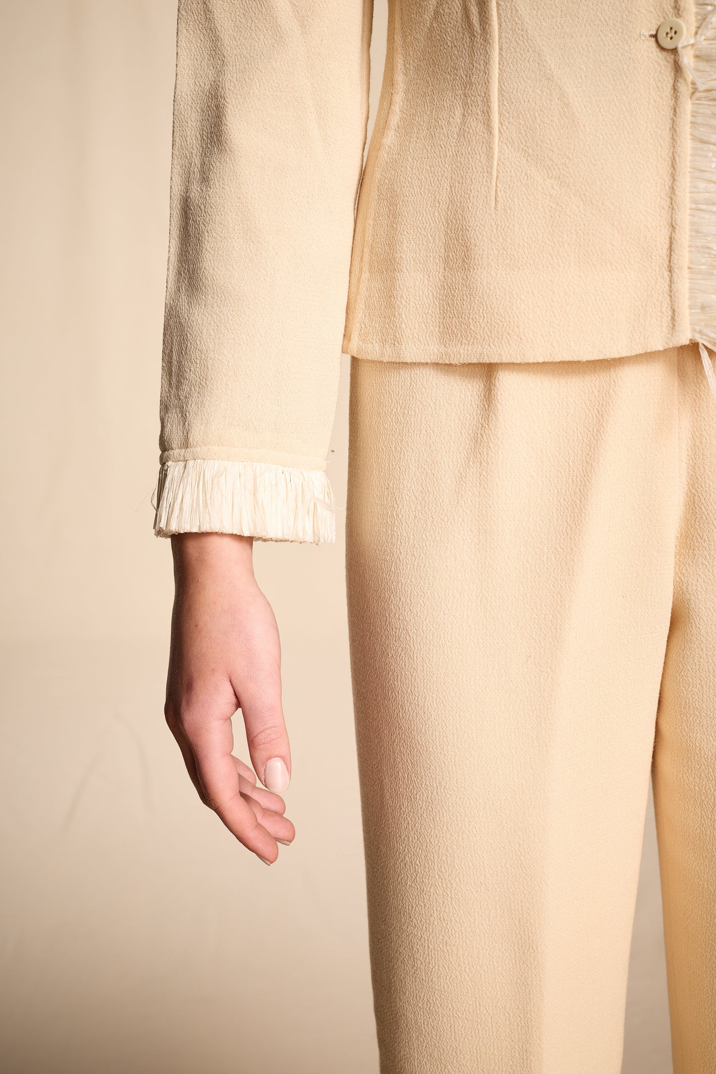Bill Blass Spring/Summer 2000 Cream Crepe Raffia Trimmed Pantsuit