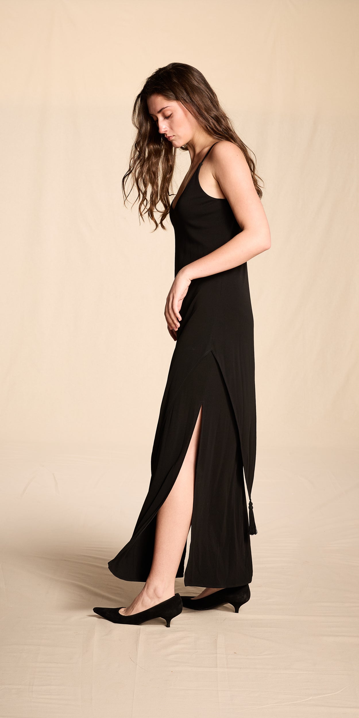 Holly Harp 1970s-1980s Black Rayon Gown With Tassels