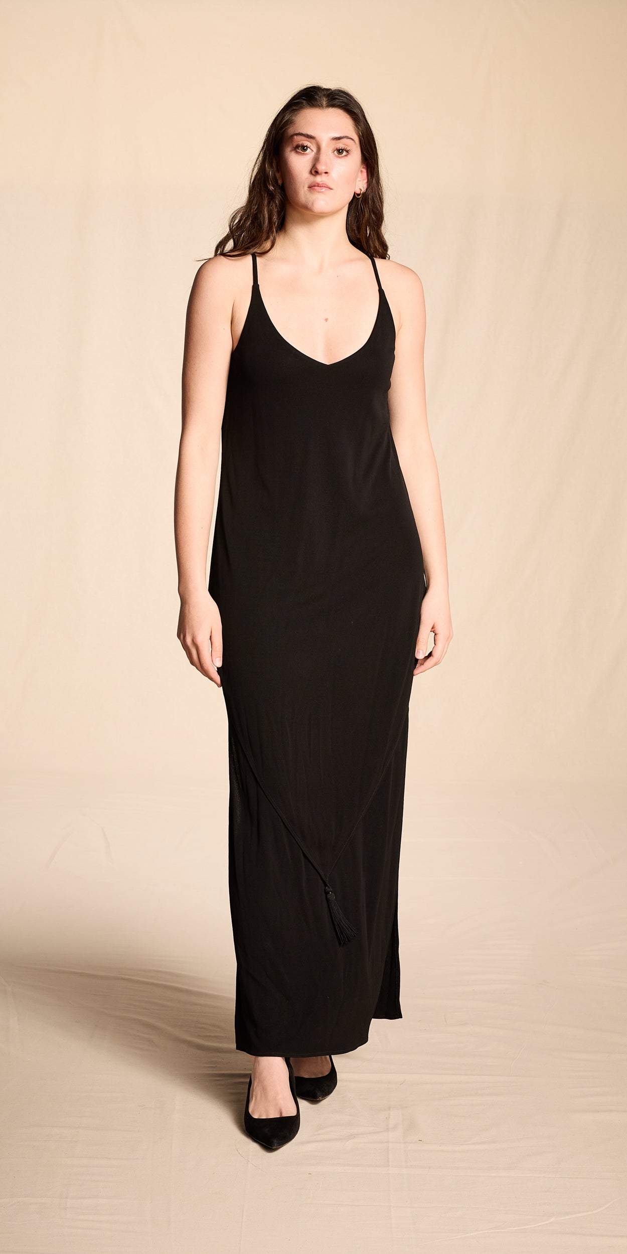 Holly Harp 1970s-1980s Black Rayon Gown With Tassels