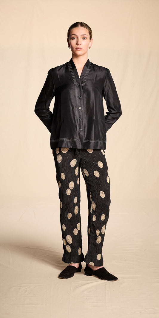 Giorgio Armani 1990s Navy Silk Shantung Blouse With Contrast Stitching
