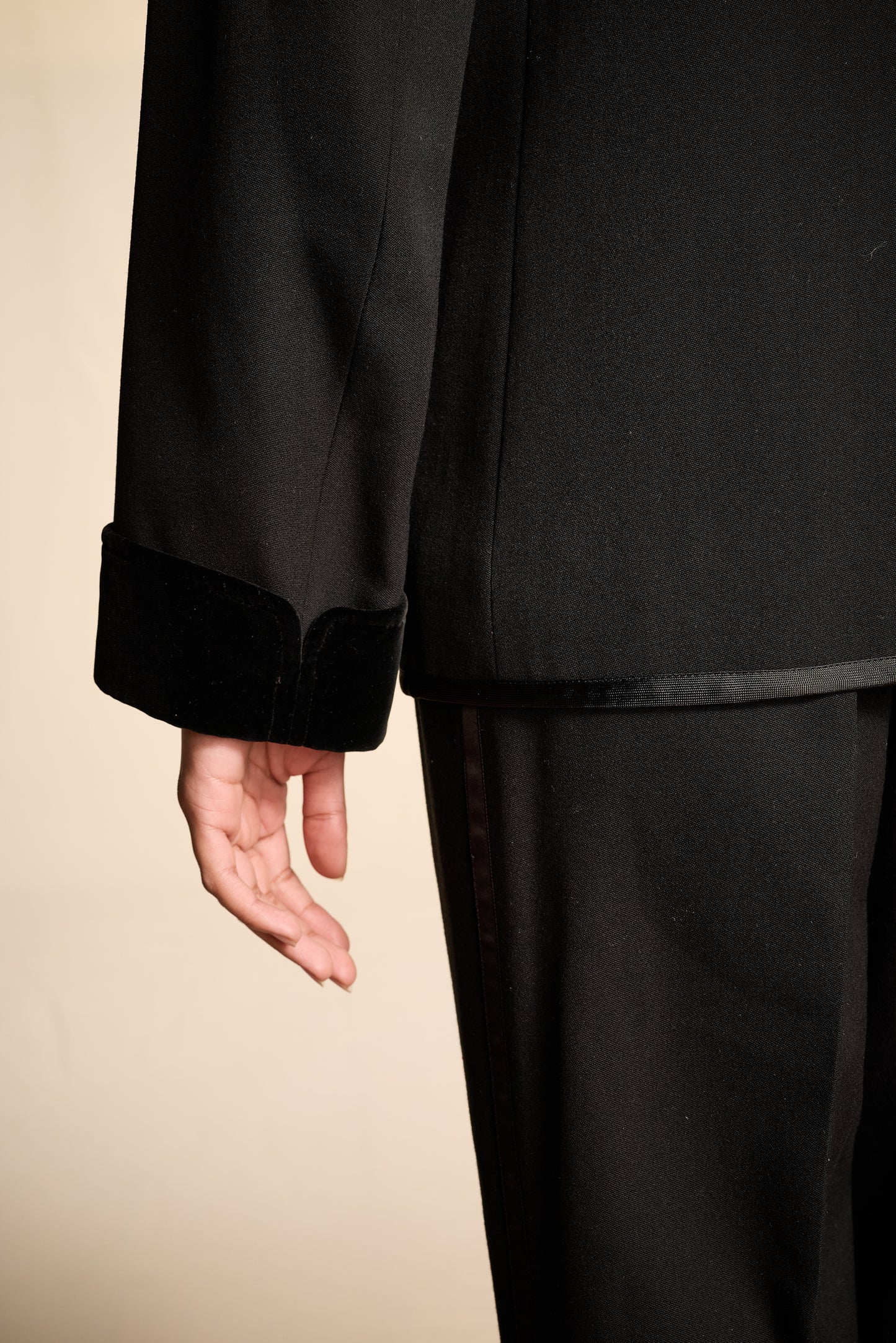 Yves Saint Laurent 1970s Black Wool Velvet and Ribbon Trimmed Jacket and Pants