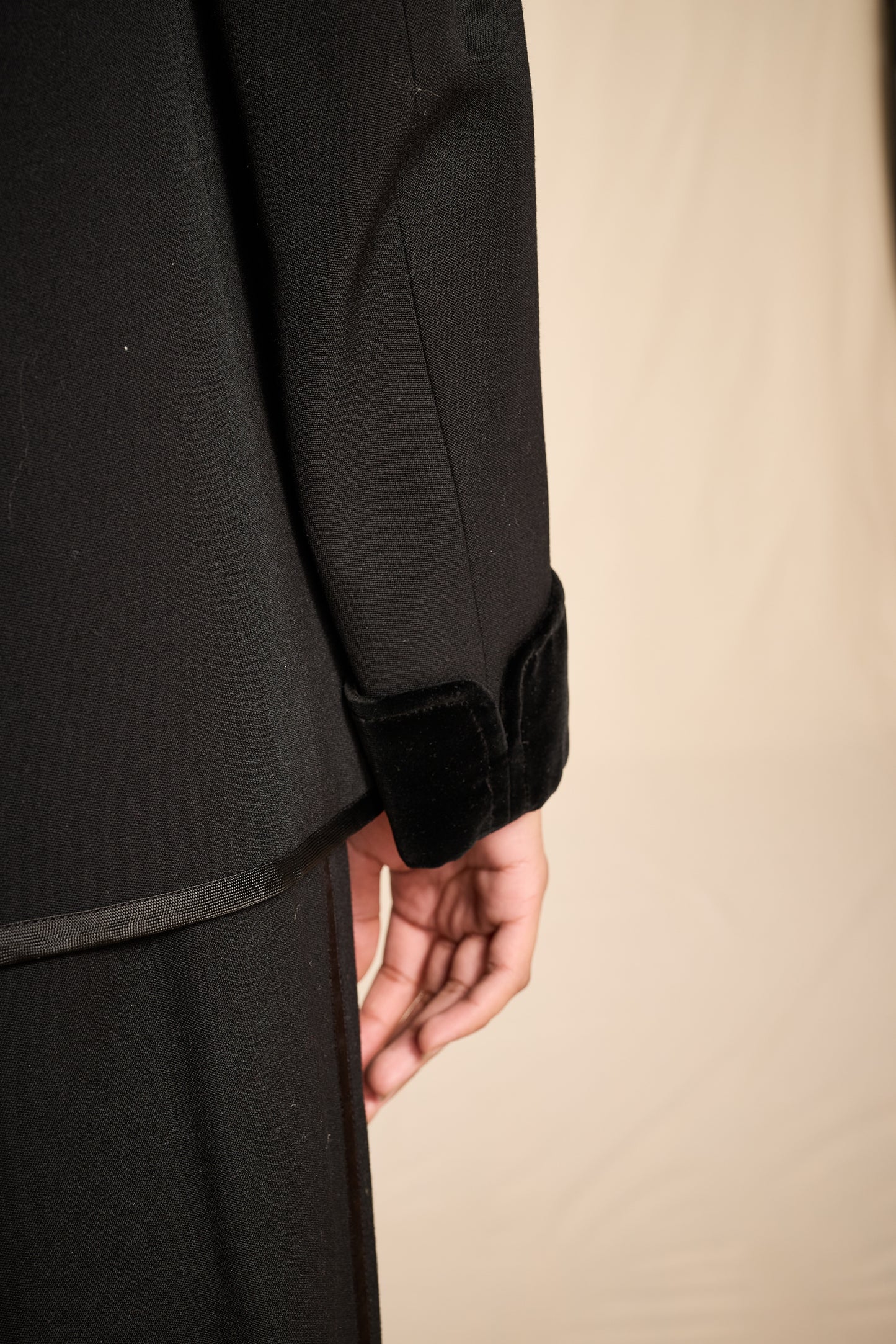 Yves Saint Laurent 1970s Black Wool Velvet and Ribbon Trimmed Jacket and Pants