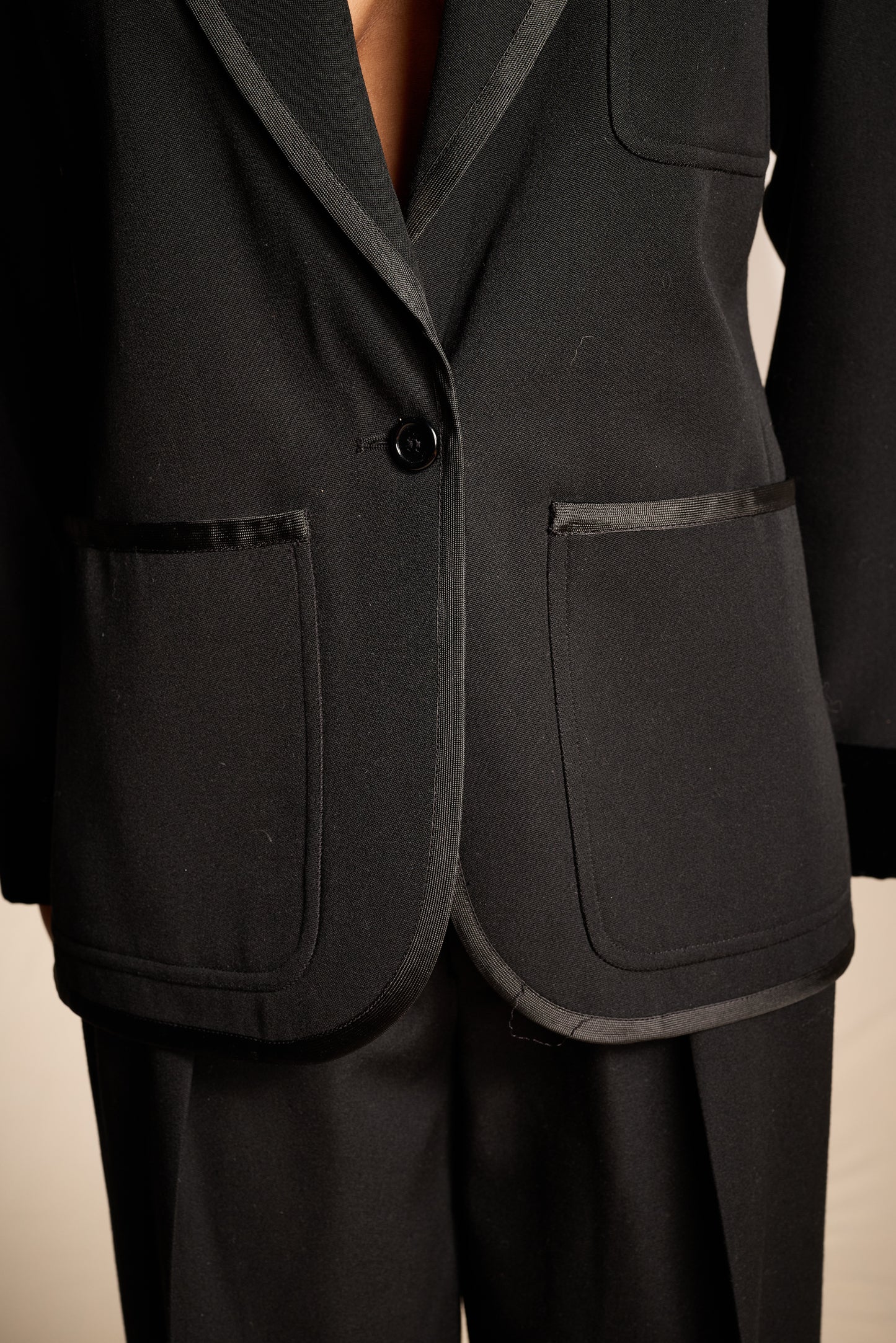 Yves Saint Laurent 1970s Black Wool Velvet and Ribbon Trimmed Jacket and Pants