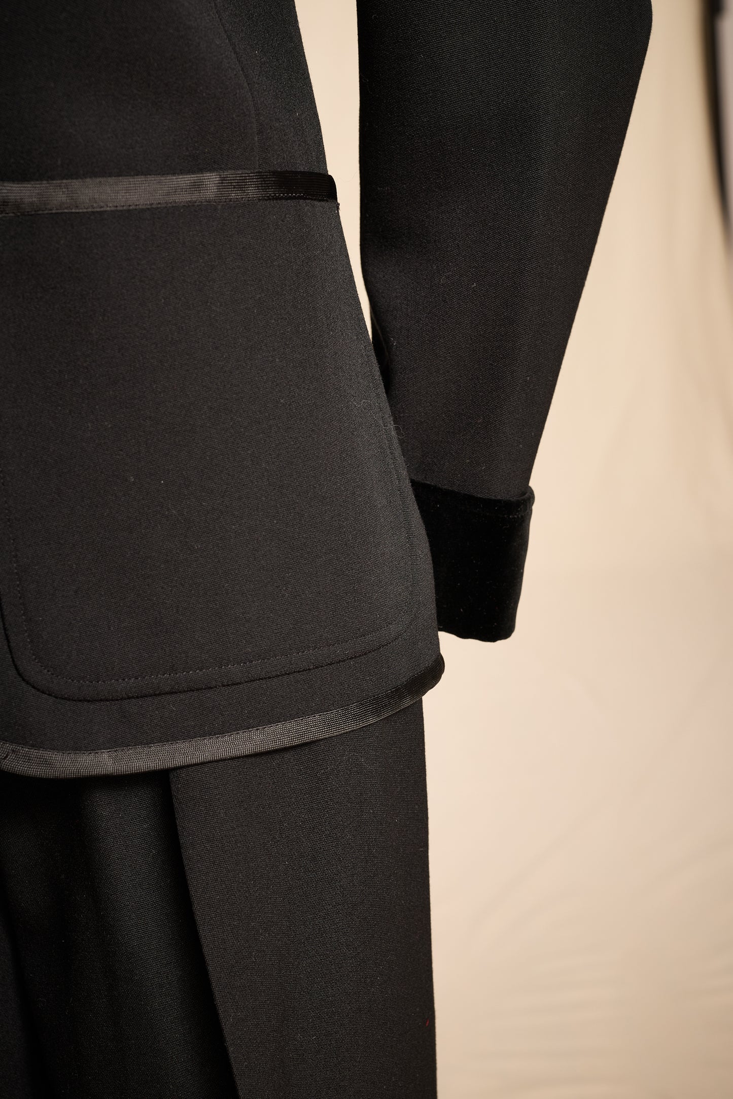 Yves Saint Laurent 1970s Black Wool Velvet and Ribbon Trimmed Jacket and Pants