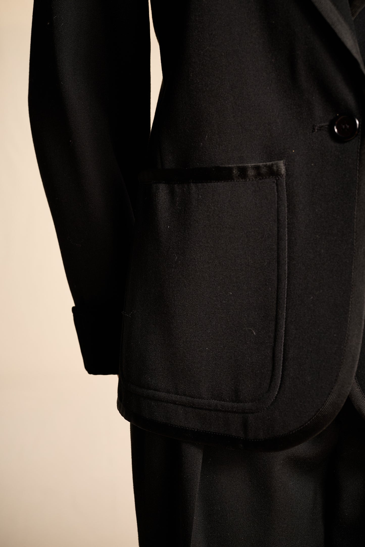 Yves Saint Laurent 1970s Black Wool Velvet and Ribbon Trimmed Jacket and Pants