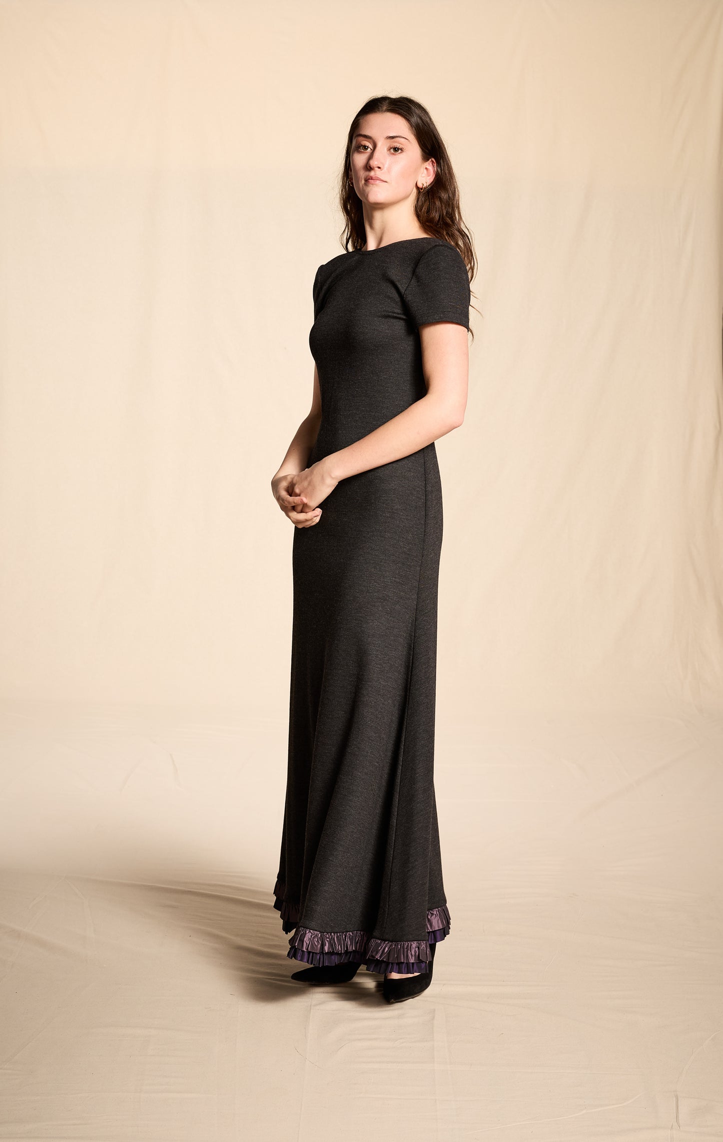 Guy Laroche by Alber Elbaz Fall/Winter 1997 Charcoal Wool Backless Dress with Taffeta Trim