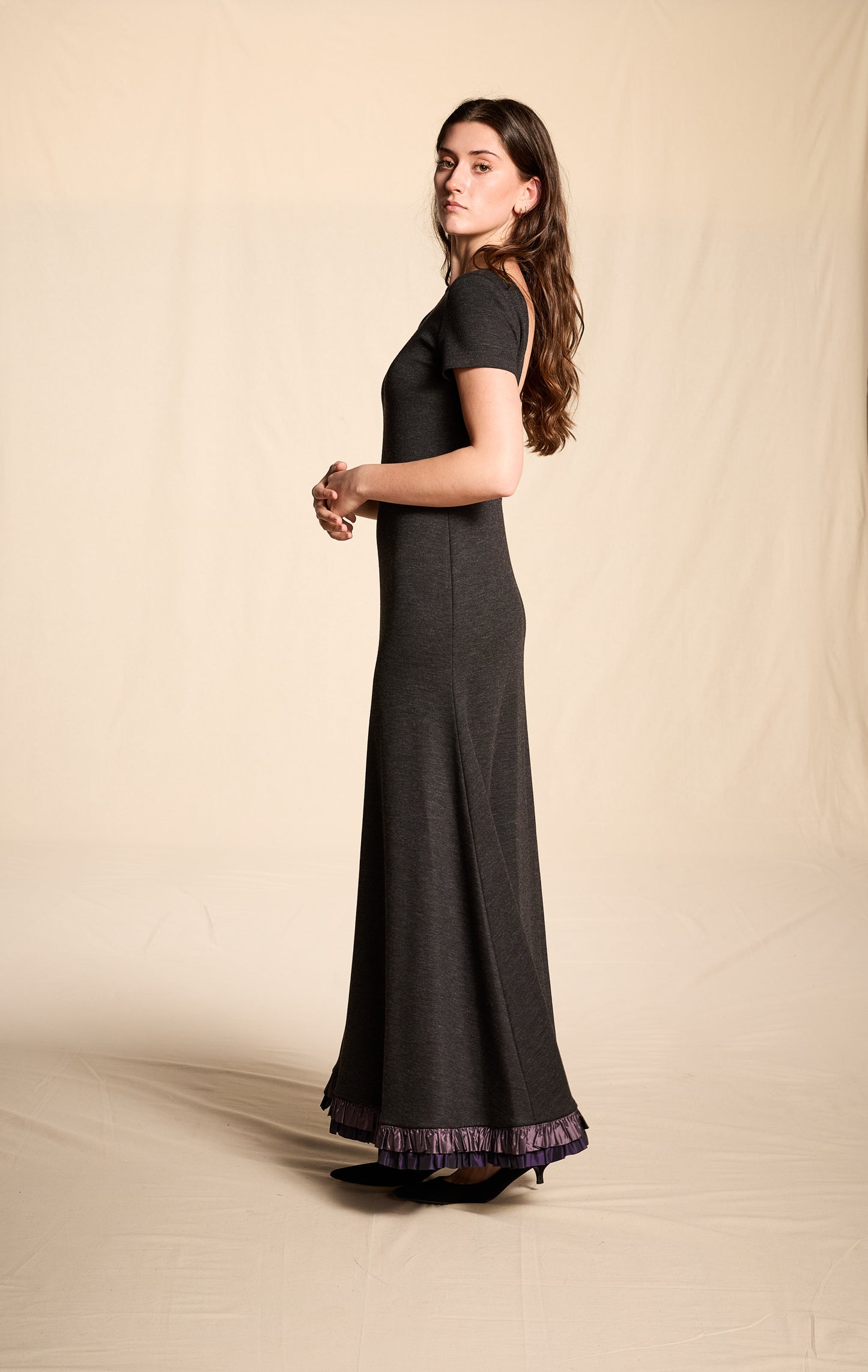 Guy Laroche by Alber Elbaz Fall/Winter 1997 Charcoal Wool Backless Dress with Taffeta Trim