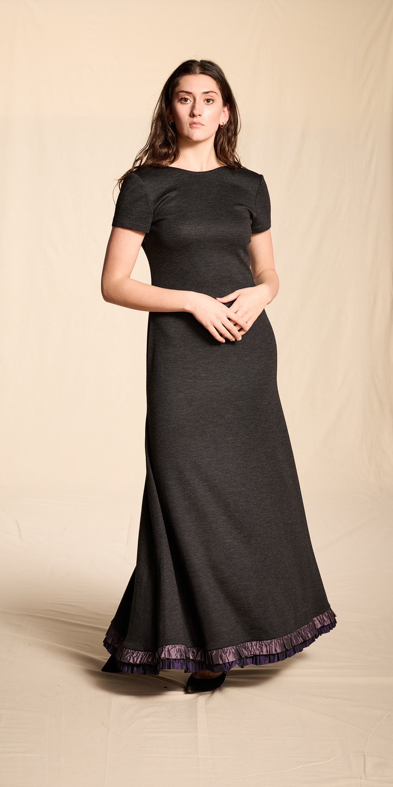 Guy Laroche by Alber Elbaz Fall/Winter 1997 Charcoal Wool Backless Dress with Taffeta Trim